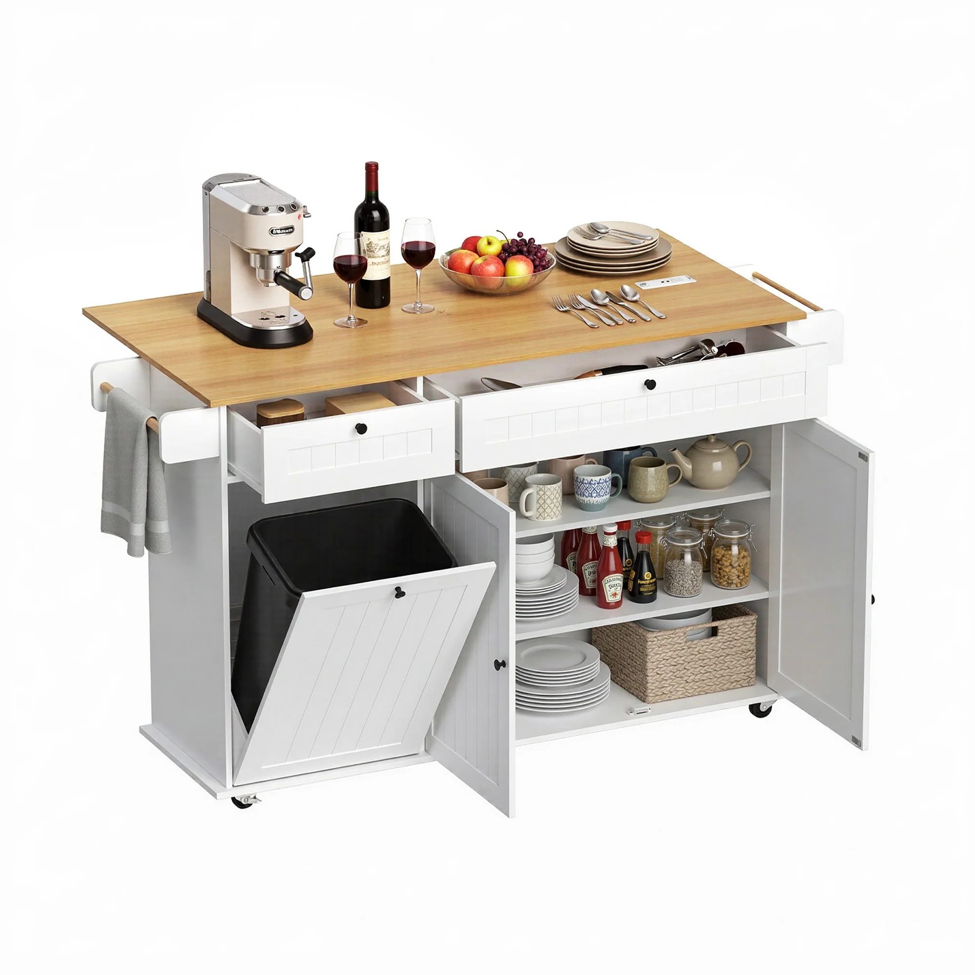 Artiss Kitchen Island Trolley Rolling Serving Cart Storage Drawer Cabinet 150cm White - Image 2