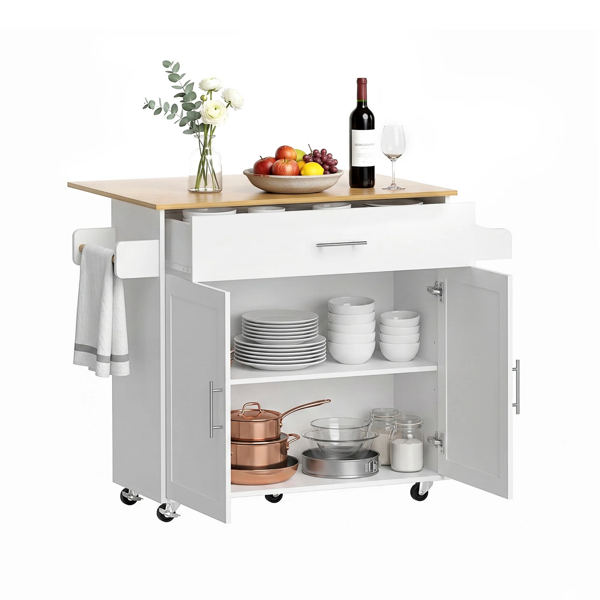 Artiss Kitchen Island Trolley Rolling Serving Cart Storage Drawer Cabinet 90cm White - Image 2