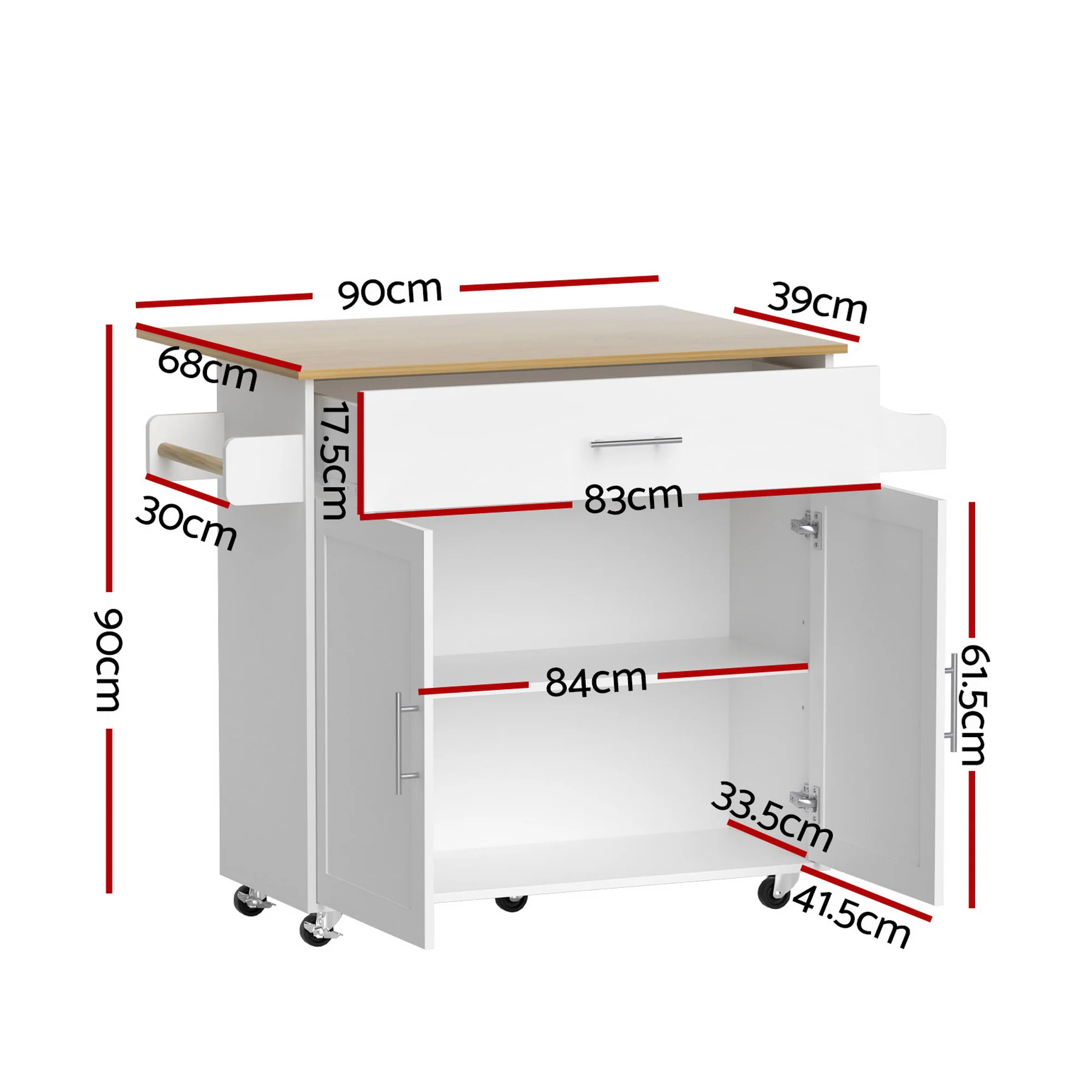 Artiss Kitchen Island Trolley Rolling Serving Cart Storage Drawer Cabinet 90cm White - Image 3