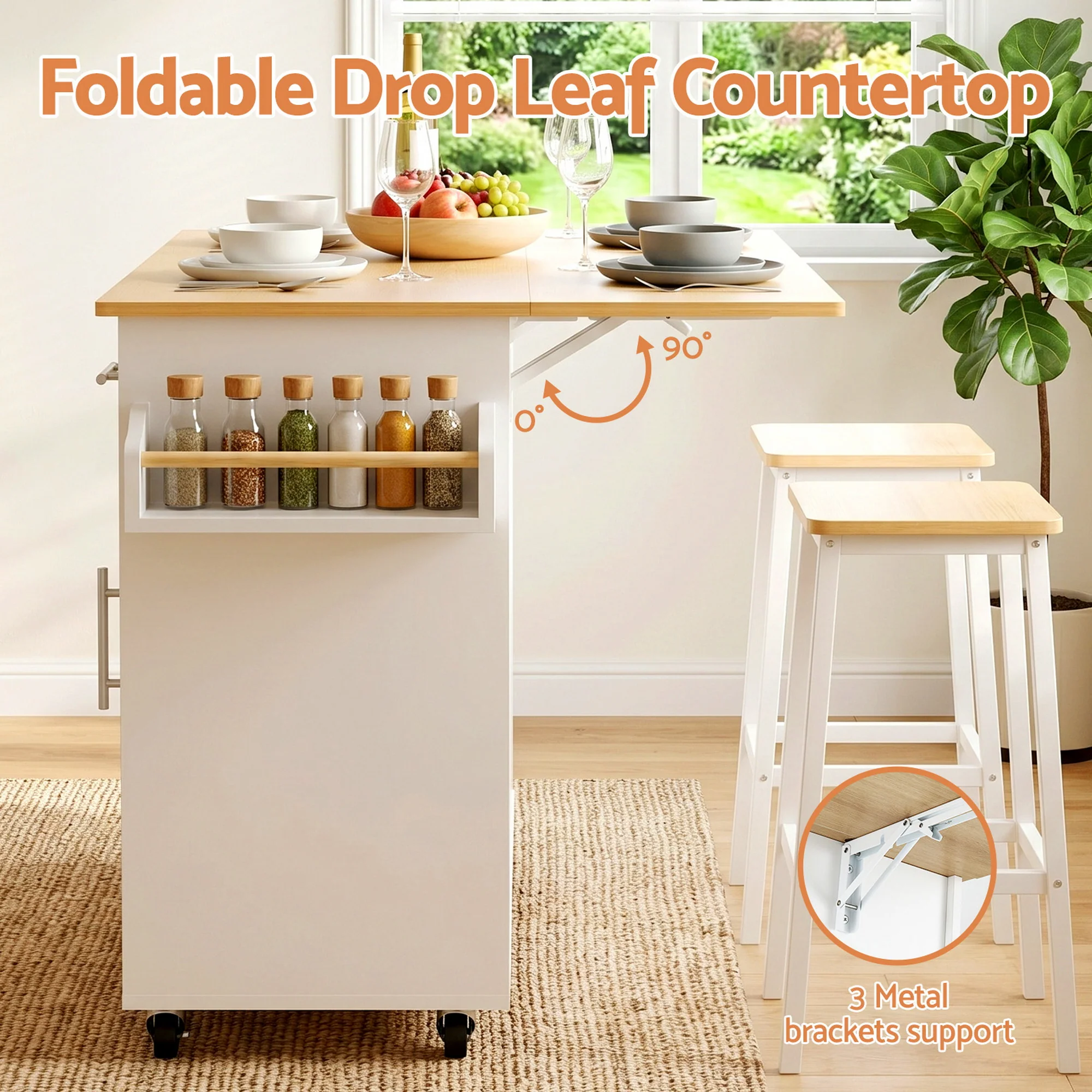 Artiss Kitchen Island Trolley Rolling Serving Cart Storage Drawer Cabinet 90cm White - Image 5