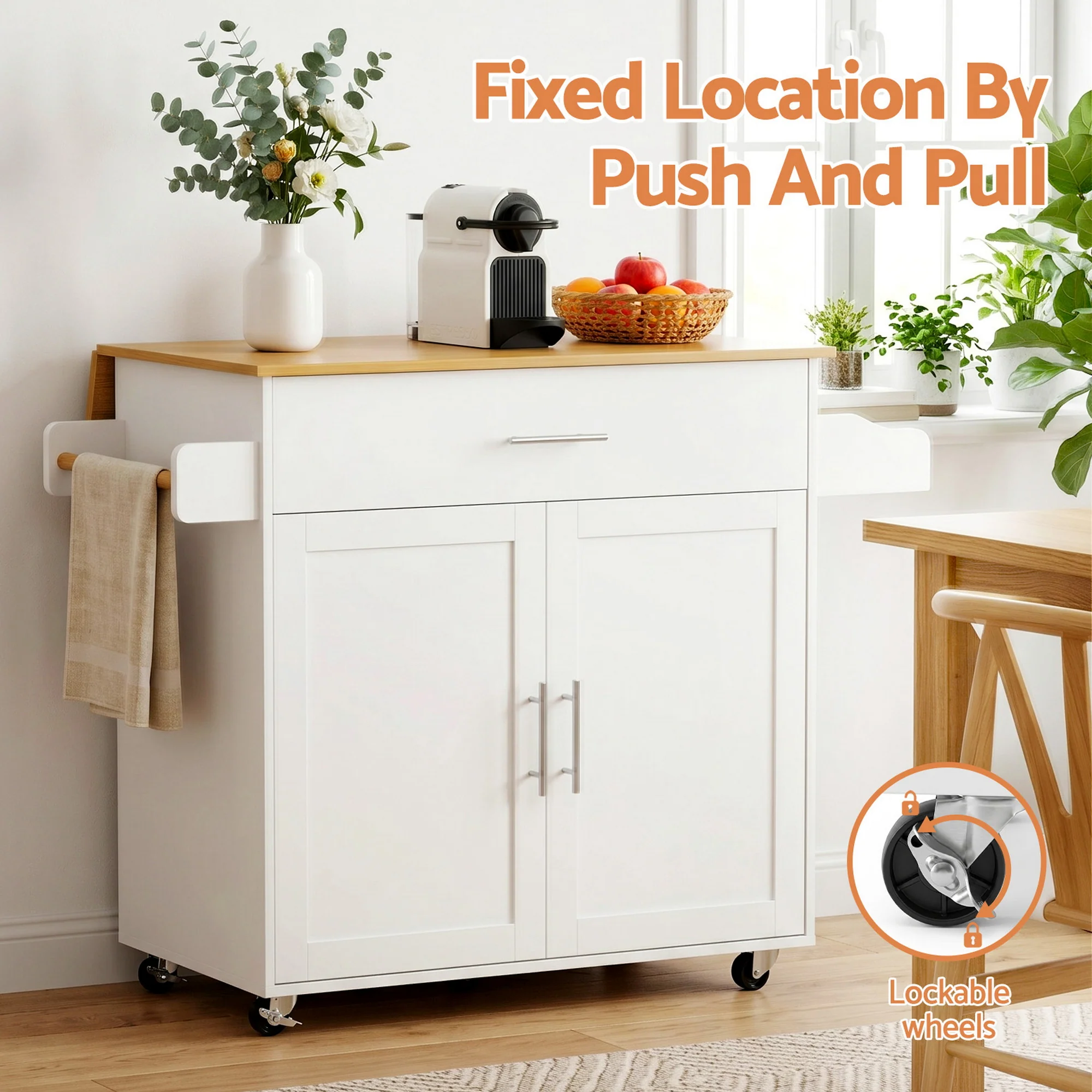 Artiss Kitchen Island Trolley Rolling Serving Cart Storage Drawer Cabinet 90cm White - Image 6