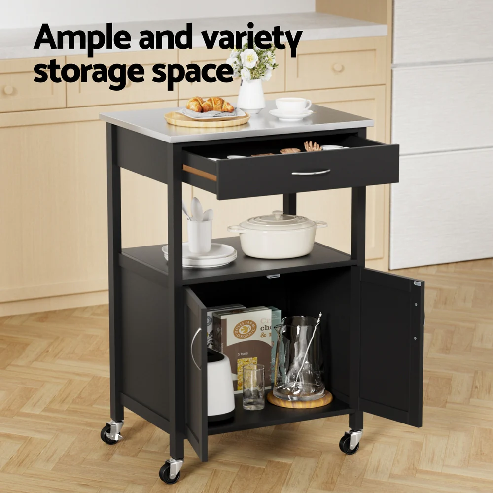 Artiss Kitchen Island Trolley Rolling Serving Cart Storage Drawer Cupboard 60cm-BLACK - Image 4