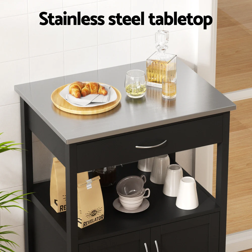 Artiss Kitchen Island Trolley Rolling Serving Cart Storage Drawer Cupboard 60cm-BLACK - Image 5