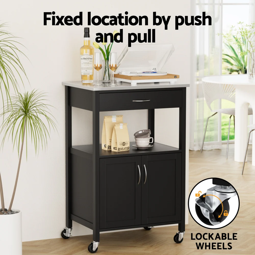 Artiss Kitchen Island Trolley Rolling Serving Cart Storage Drawer Cupboard 60cm-BLACK - Image 6