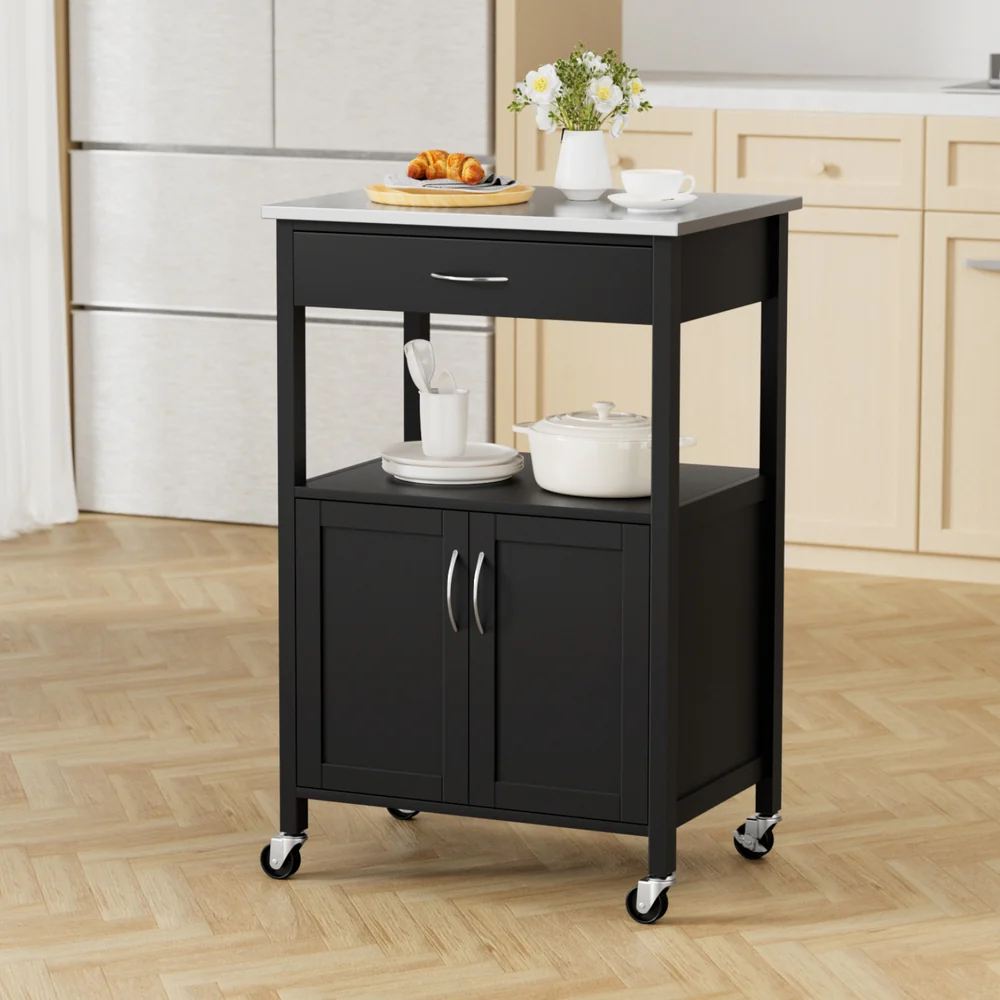 Artiss Kitchen Island Trolley Rolling Serving Cart Storage Drawer Cupboard 60cm-BLACK - Image 7