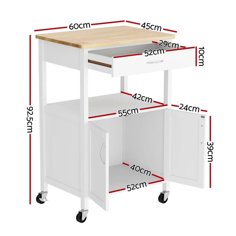 Artiss Kitchen Island Trolley Rolling Serving Cart Storage Drawer Cupboard 60cm-White - Image 2