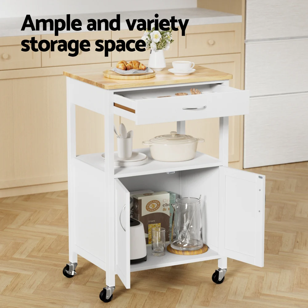 Artiss Kitchen Island Trolley Rolling Serving Cart Storage Drawer Cupboard 60cm-White - Image 4