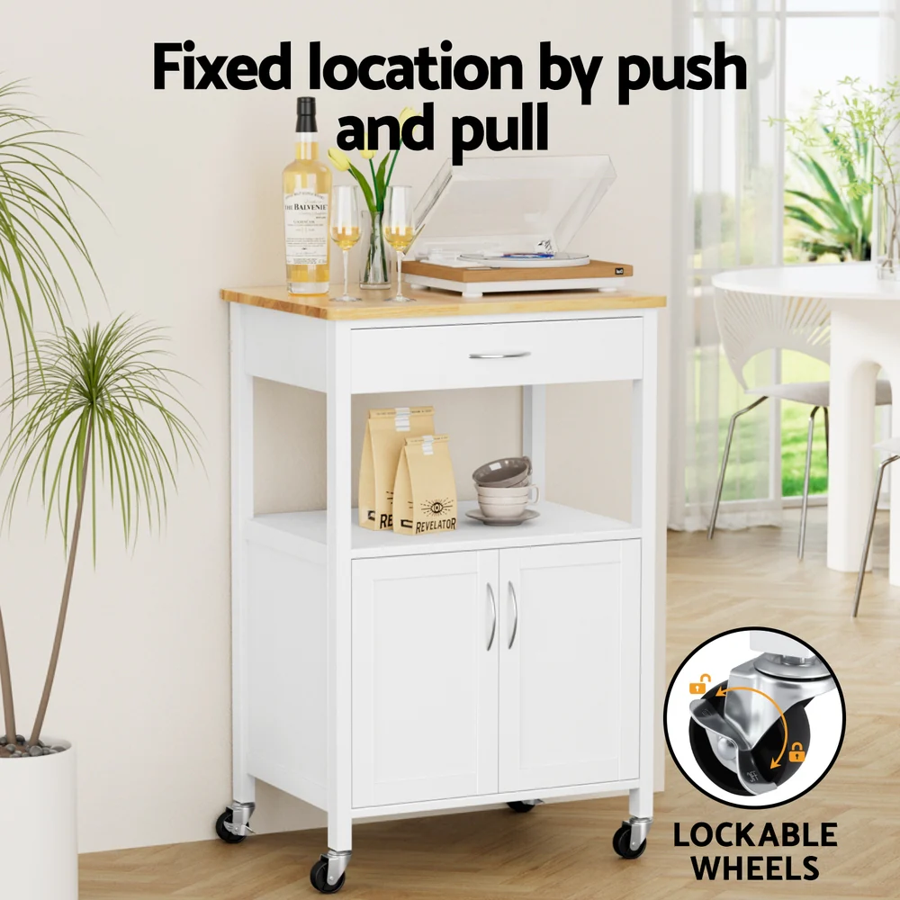 Artiss Kitchen Island Trolley Rolling Serving Cart Storage Drawer Cupboard 60cm-White - Image 6