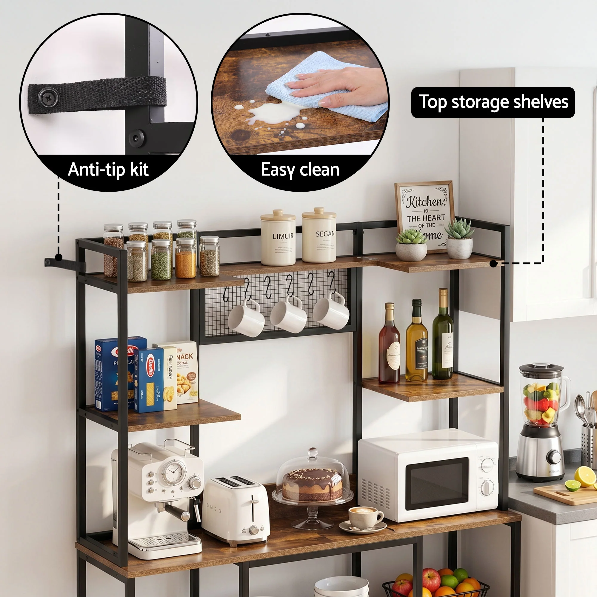Artiss Kitchen Rack with 6 Hooks Microwave Storage Shelf 120cm x 170cm - Image 7