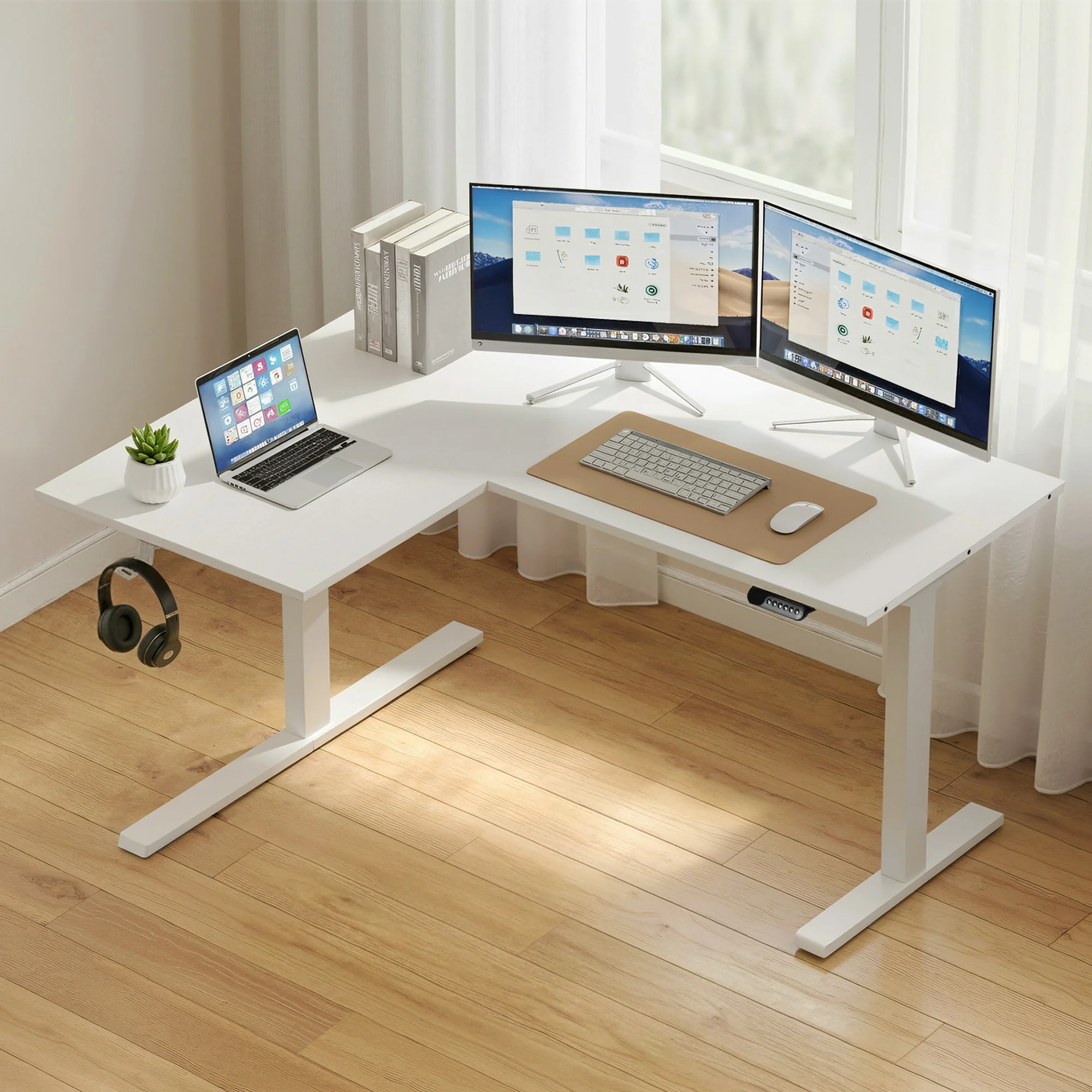Artiss L-Shape Standing Desk Sit Stand Up Height Adjustable Electric Motorised White - Image 7