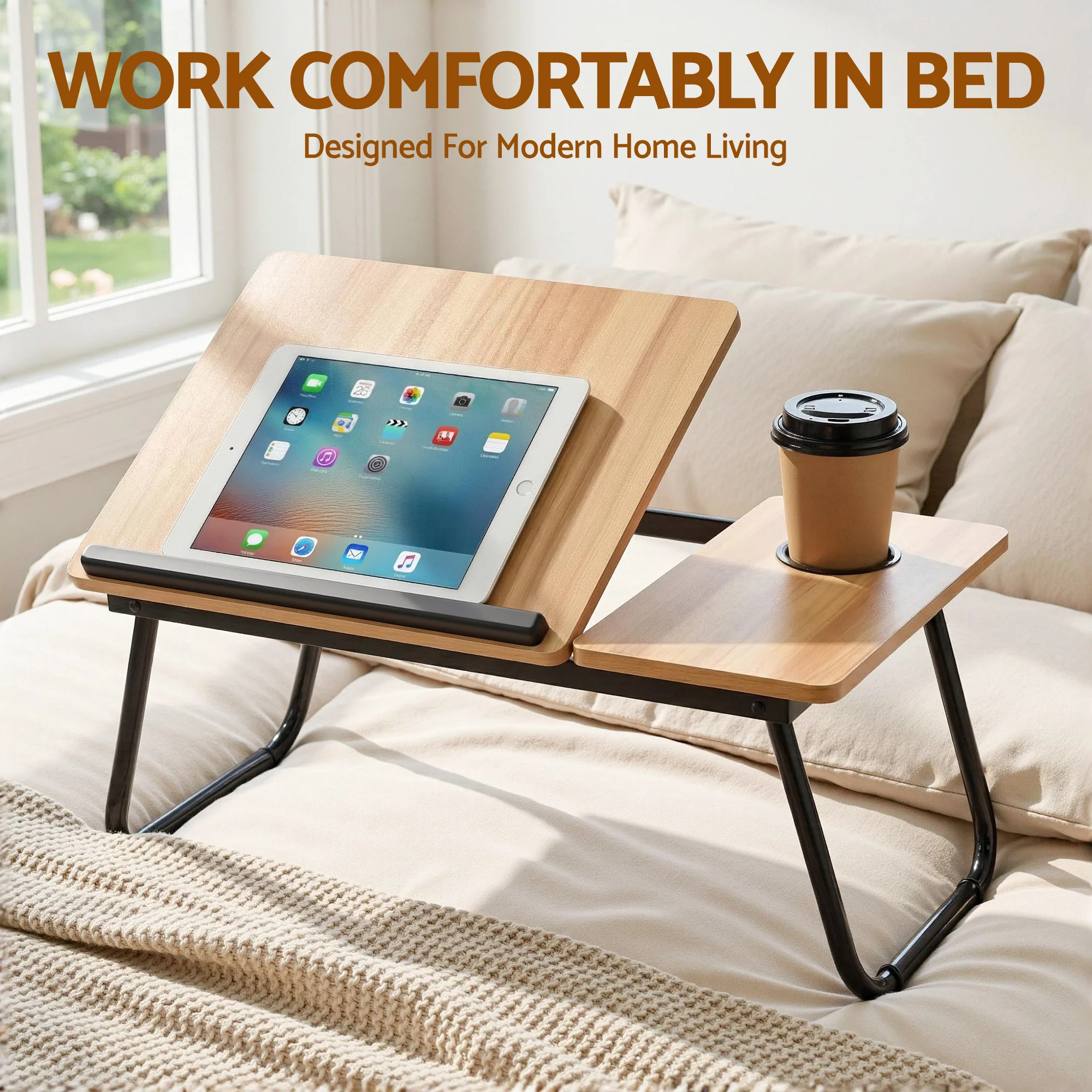 Artiss Laptop Desk Bed Table Foldable Portable Desktop Oak - Image 5