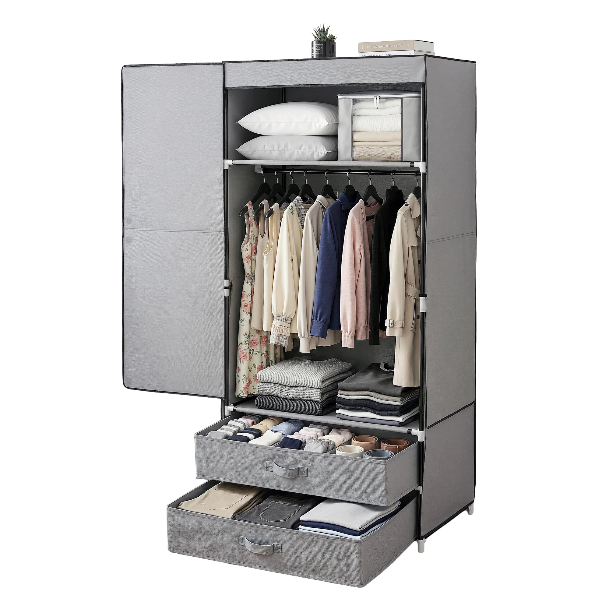 Artiss Large Portable Clothes Closet Wardrobe with Magnetic Door Grey - Image 2