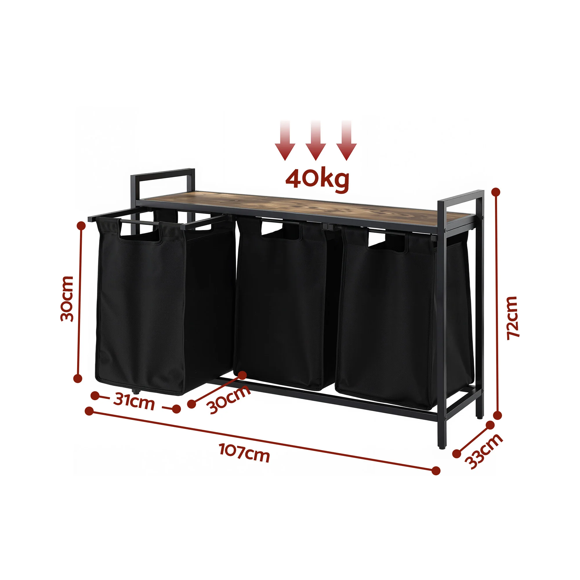 Artiss Laundry Basket with 3 Pull-out Bags Metal Frame Black - Image 3