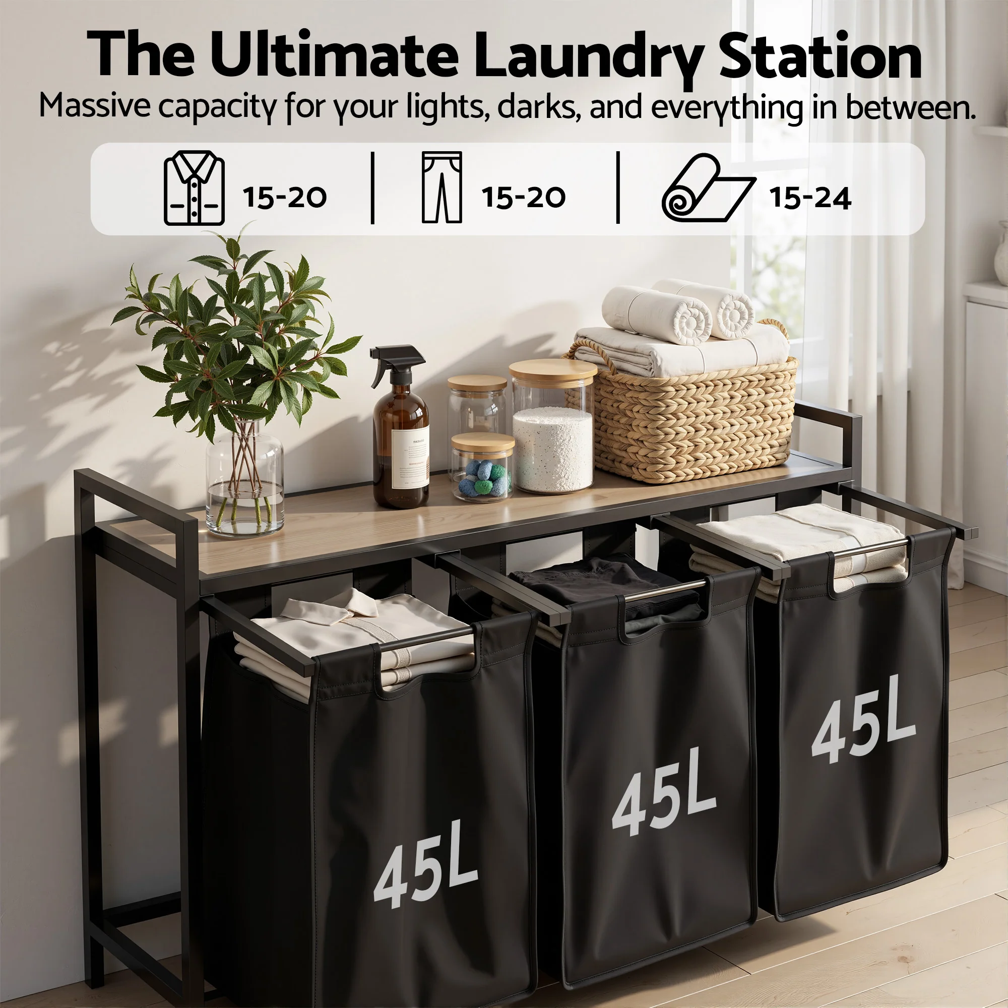 Artiss Laundry Basket with 3 Pull-out Bags Metal Frame Black - Image 5