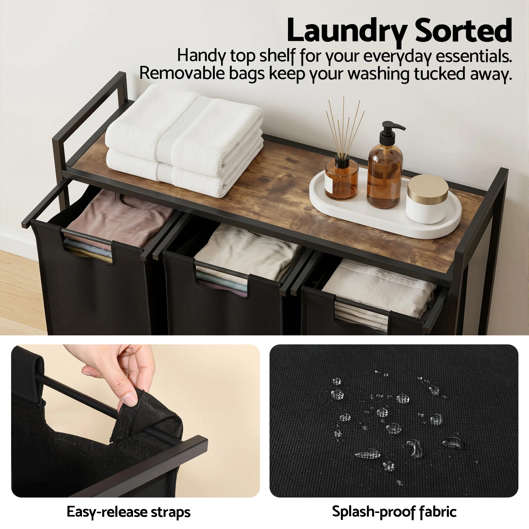 Artiss Laundry Basket with 3 Pull-out Bags Metal Frame Black - Image 6