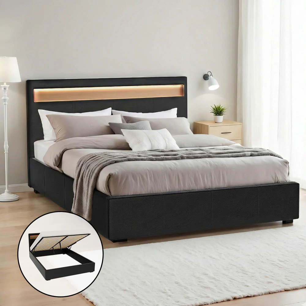 Artiss Bed Frame Double Size LED Gas Lift Black COLE - Image 10