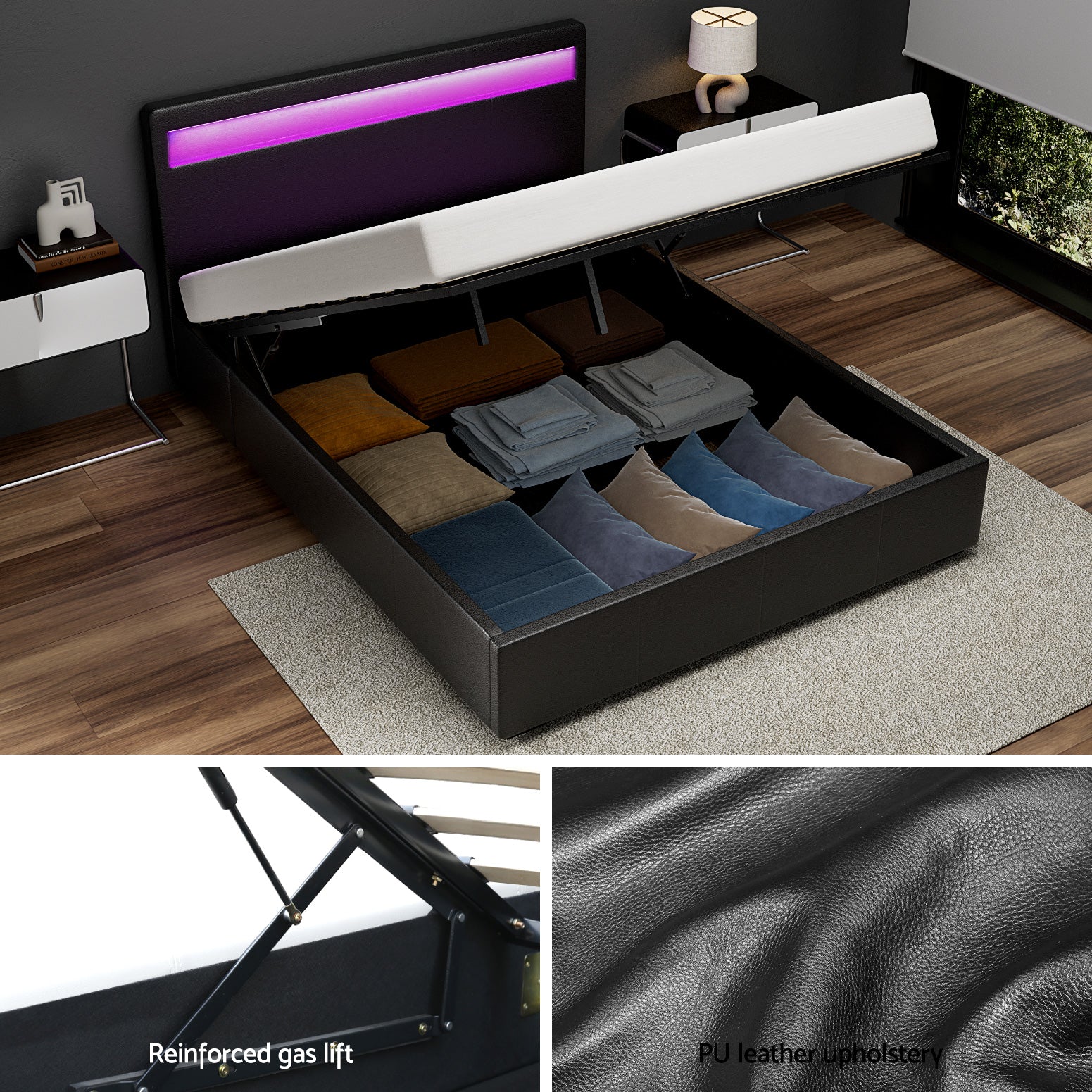 Artiss Bed Frame Queen Size LED Gas Lift Black COLE - Image 4