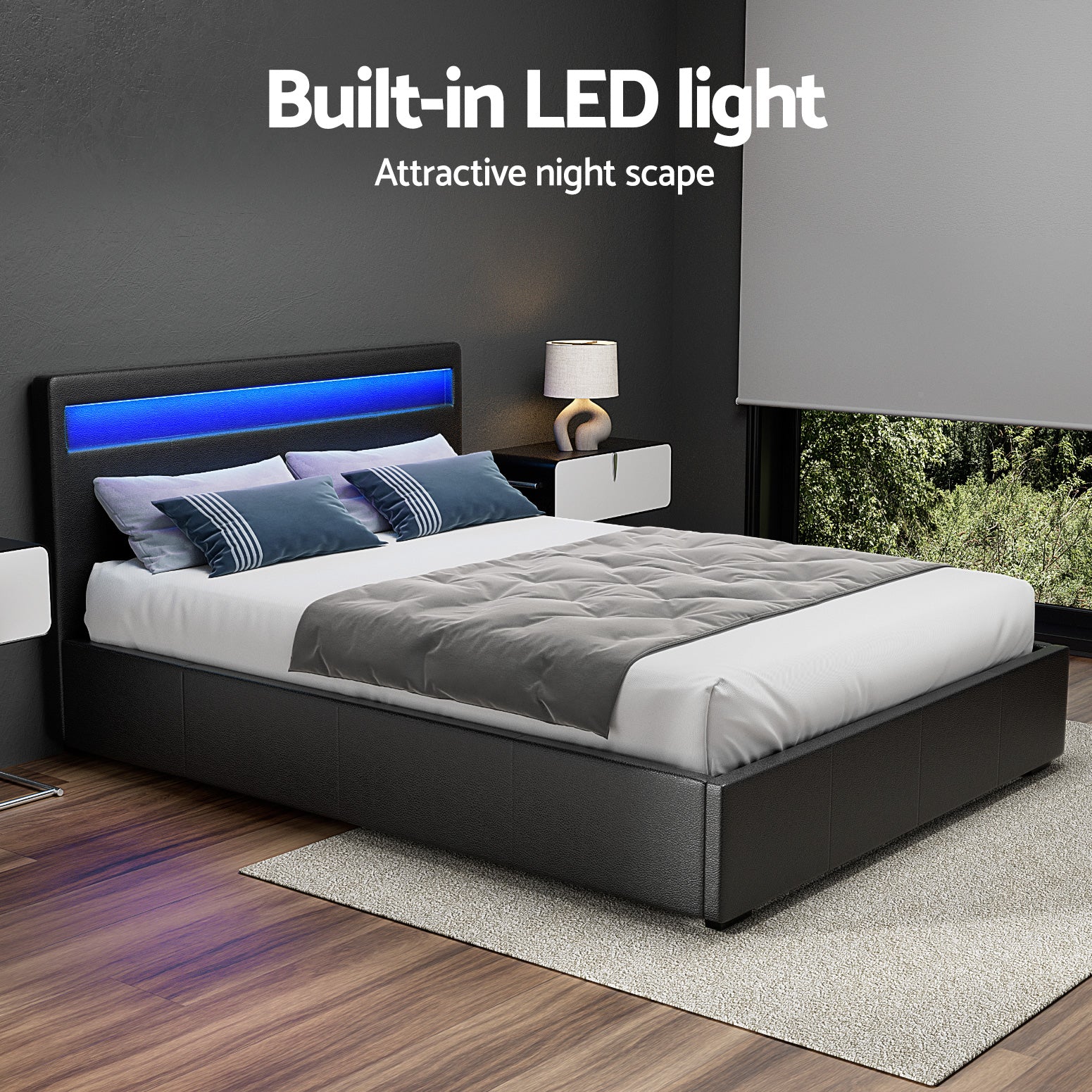 Artiss Bed Frame Queen Size LED Gas Lift Black COLE - Image 5