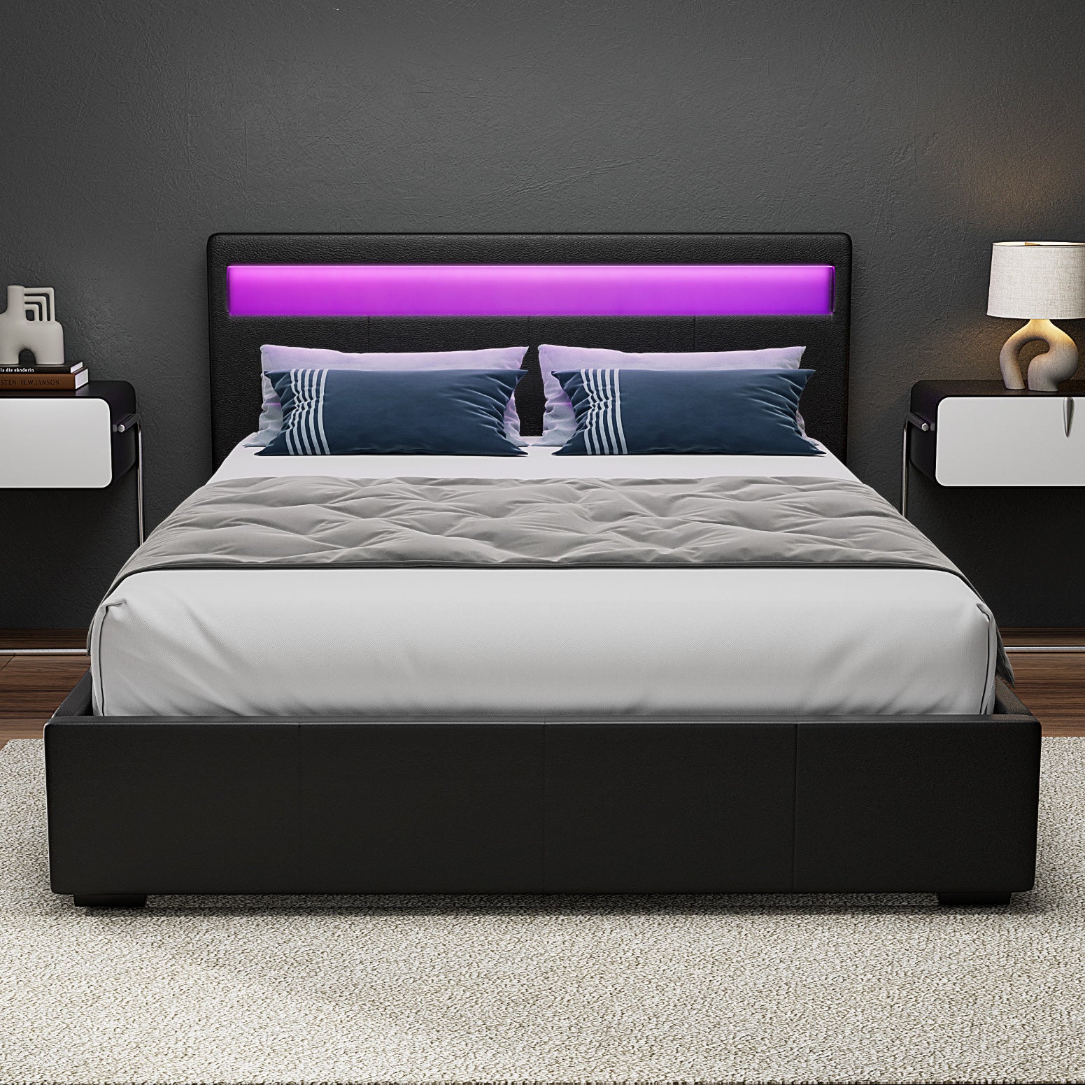 Artiss Bed Frame Queen Size LED Gas Lift Black COLE - Image 6