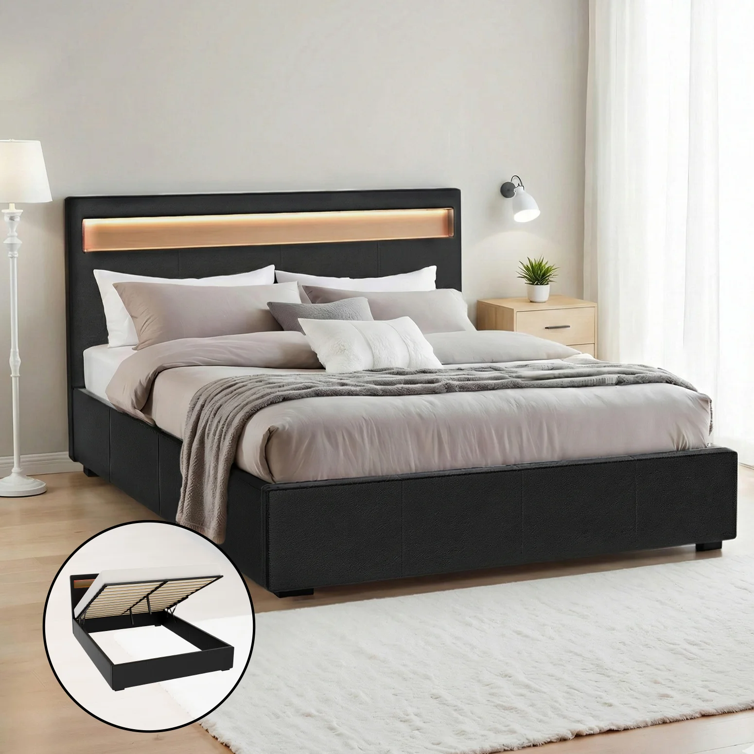 Artiss Bed Frame Queen Size LED Gas Lift Black COLE - Image 7
