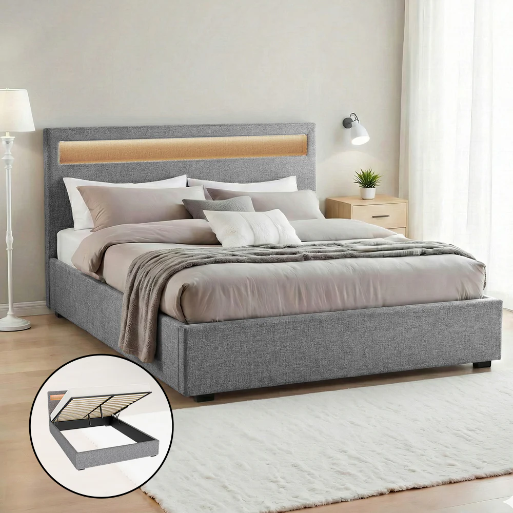Artiss Bed Frame Queen Size LED Gas Lift Grey COLE - Image 10