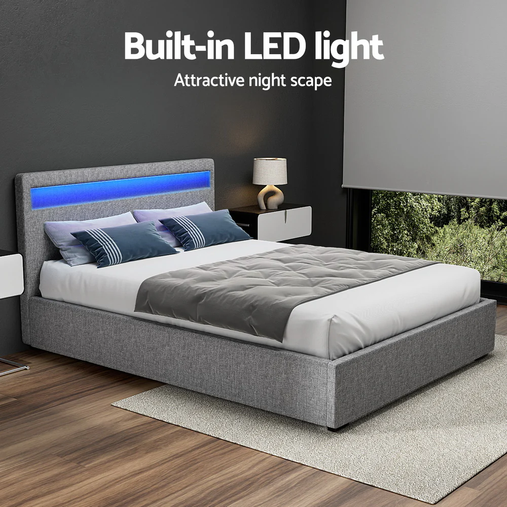Artiss Bed Frame Queen Size LED Gas Lift Grey COLE - Image 5
