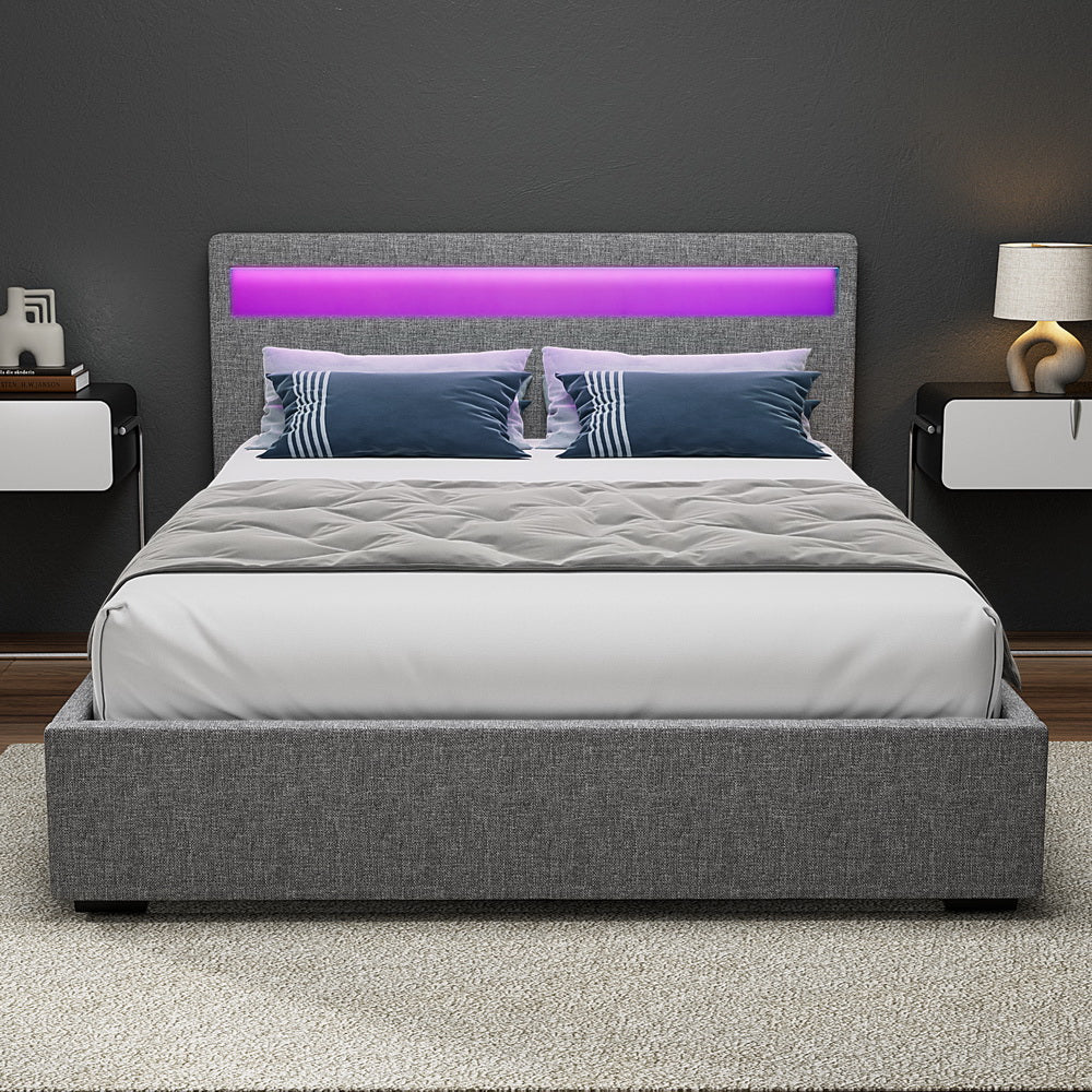 Artiss Bed Frame Queen Size LED Gas Lift Grey COLE - Image 6