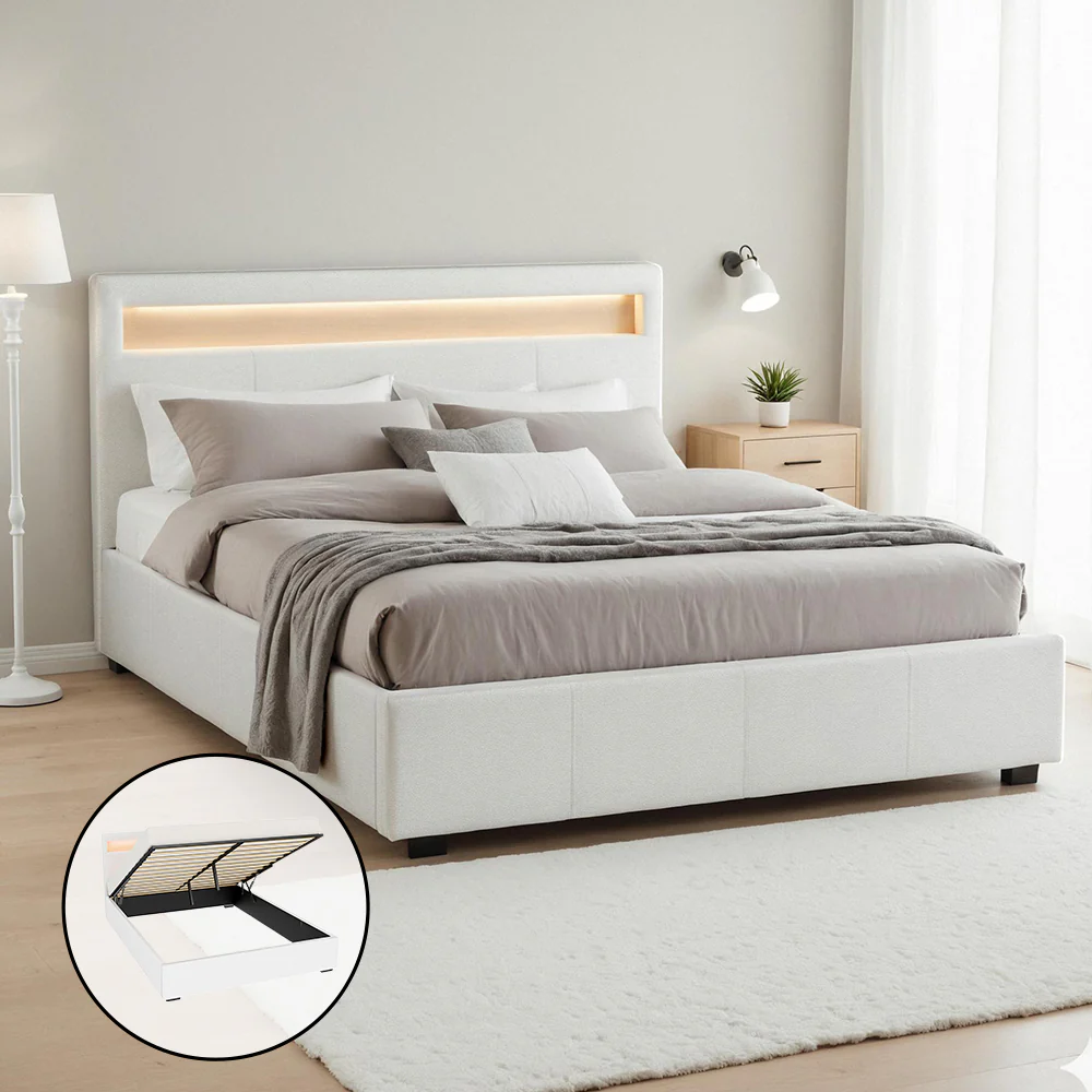 Artiss Bed Frame Queen Size LED Gas Lift White COLE - Image 10