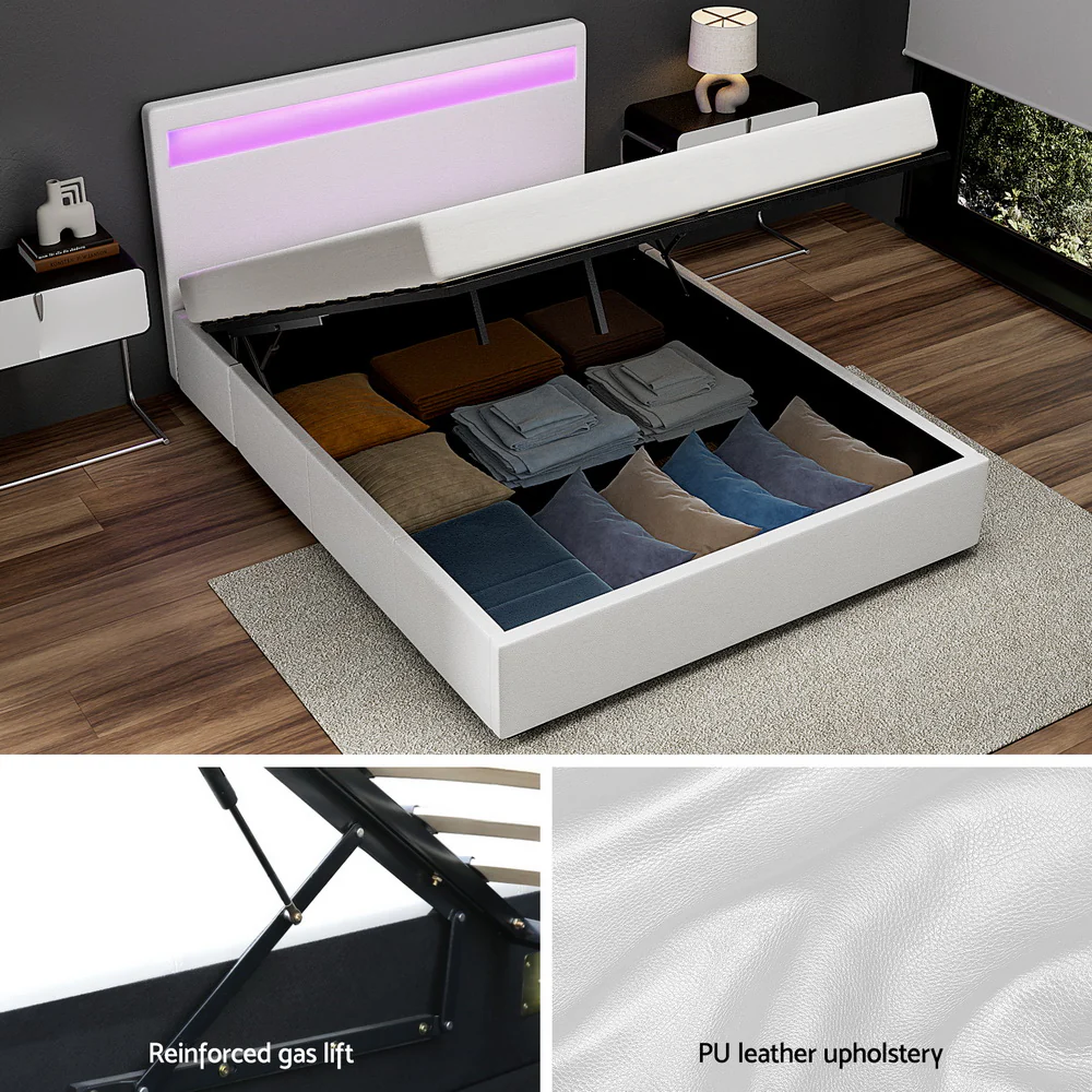 Artiss Bed Frame Queen Size LED Gas Lift White COLE - Image 4