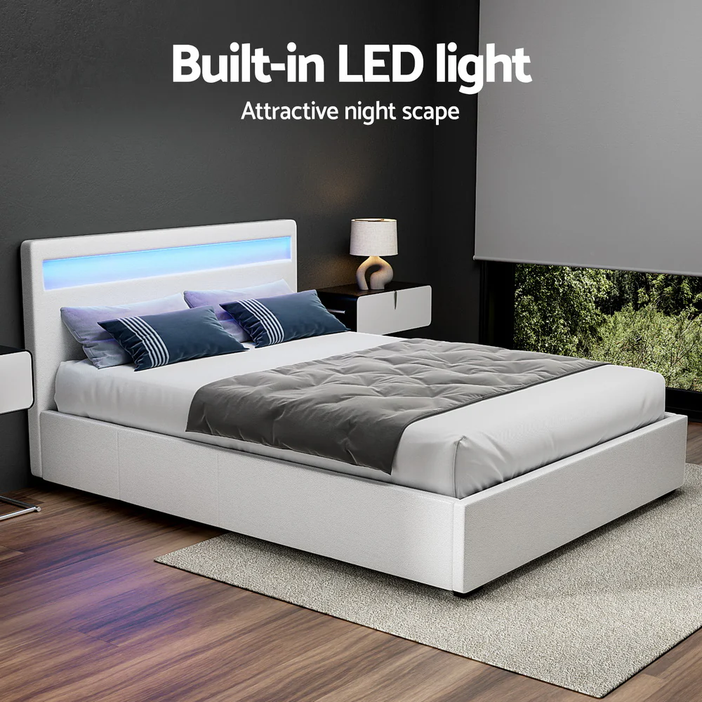 Artiss Bed Frame Queen Size LED Gas Lift White COLE - Image 5