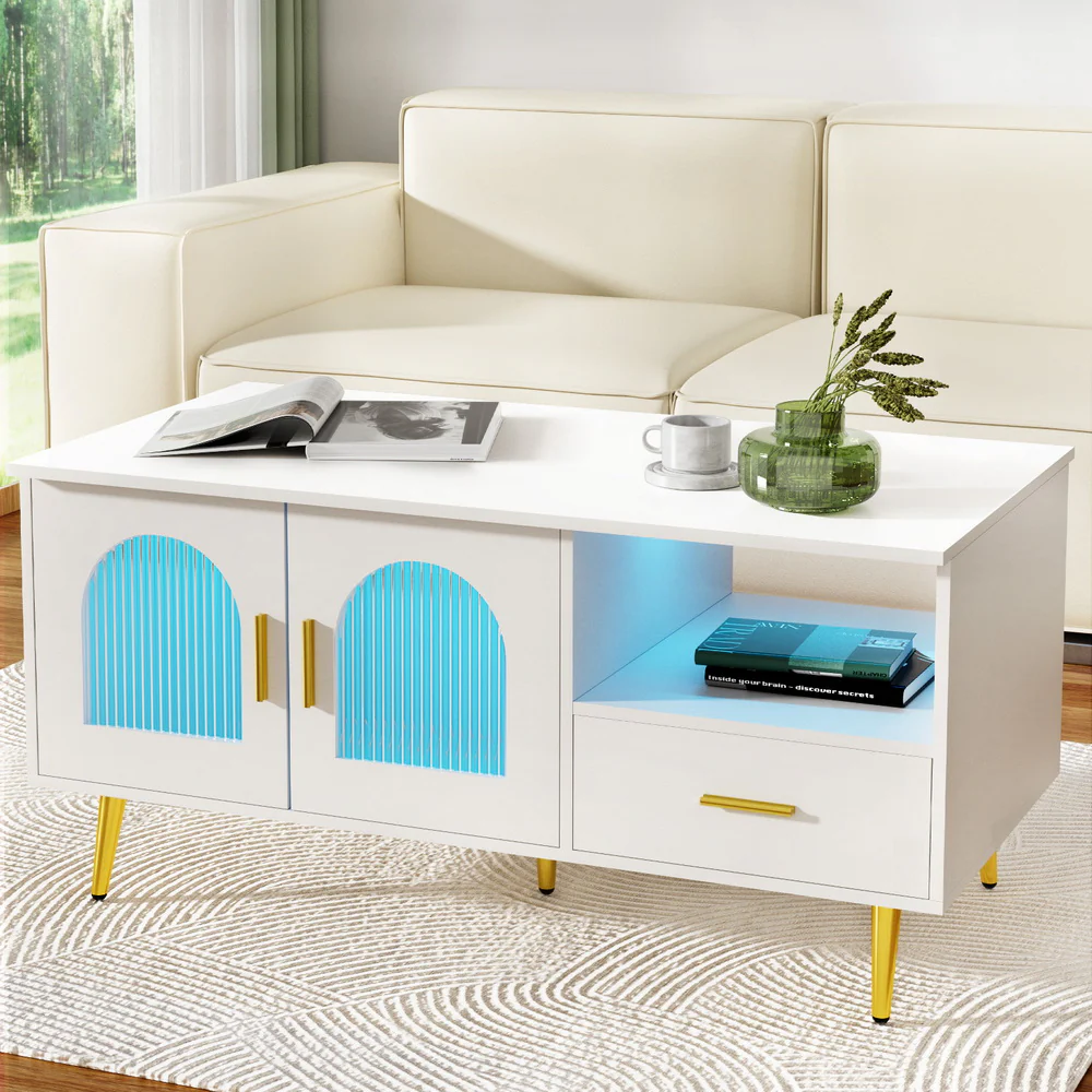Artiss LED Coffee Table Shelf Drawer Storage White - Image 2