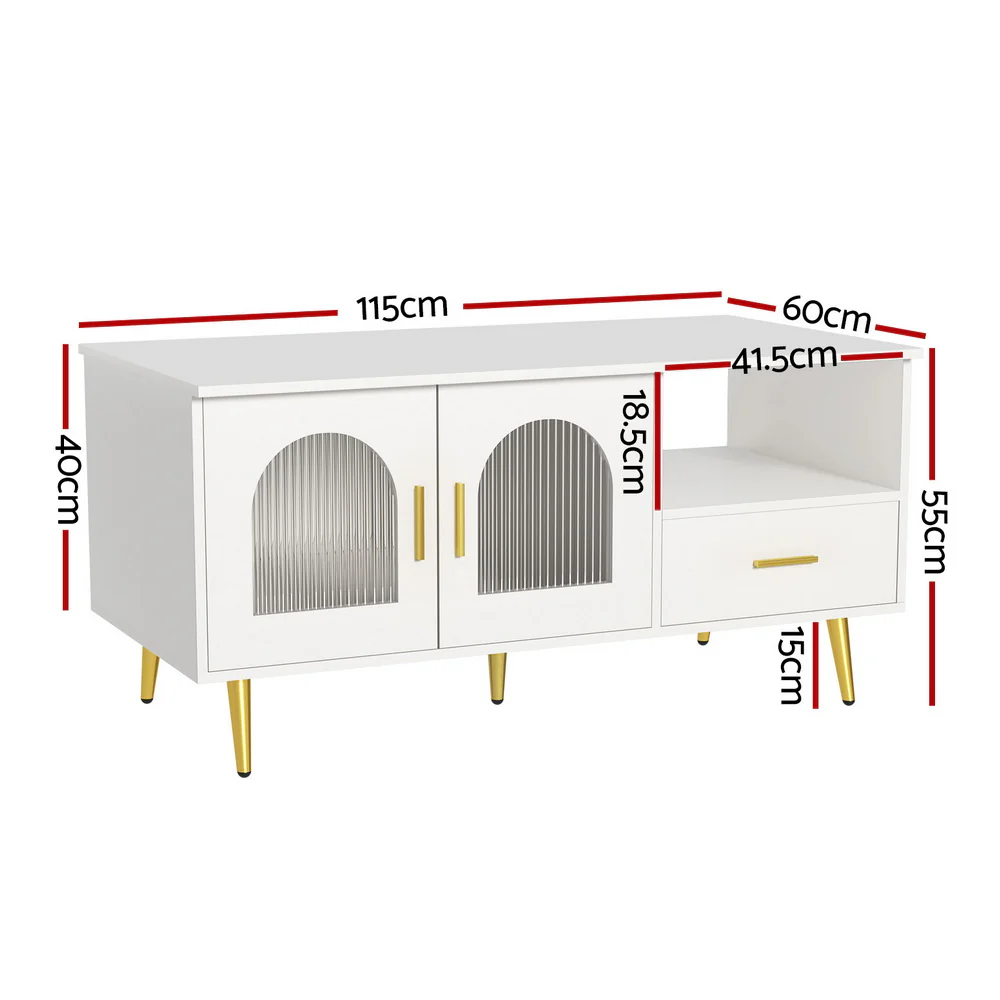 Artiss LED Coffee Table Shelf Drawer Storage White - Image 3