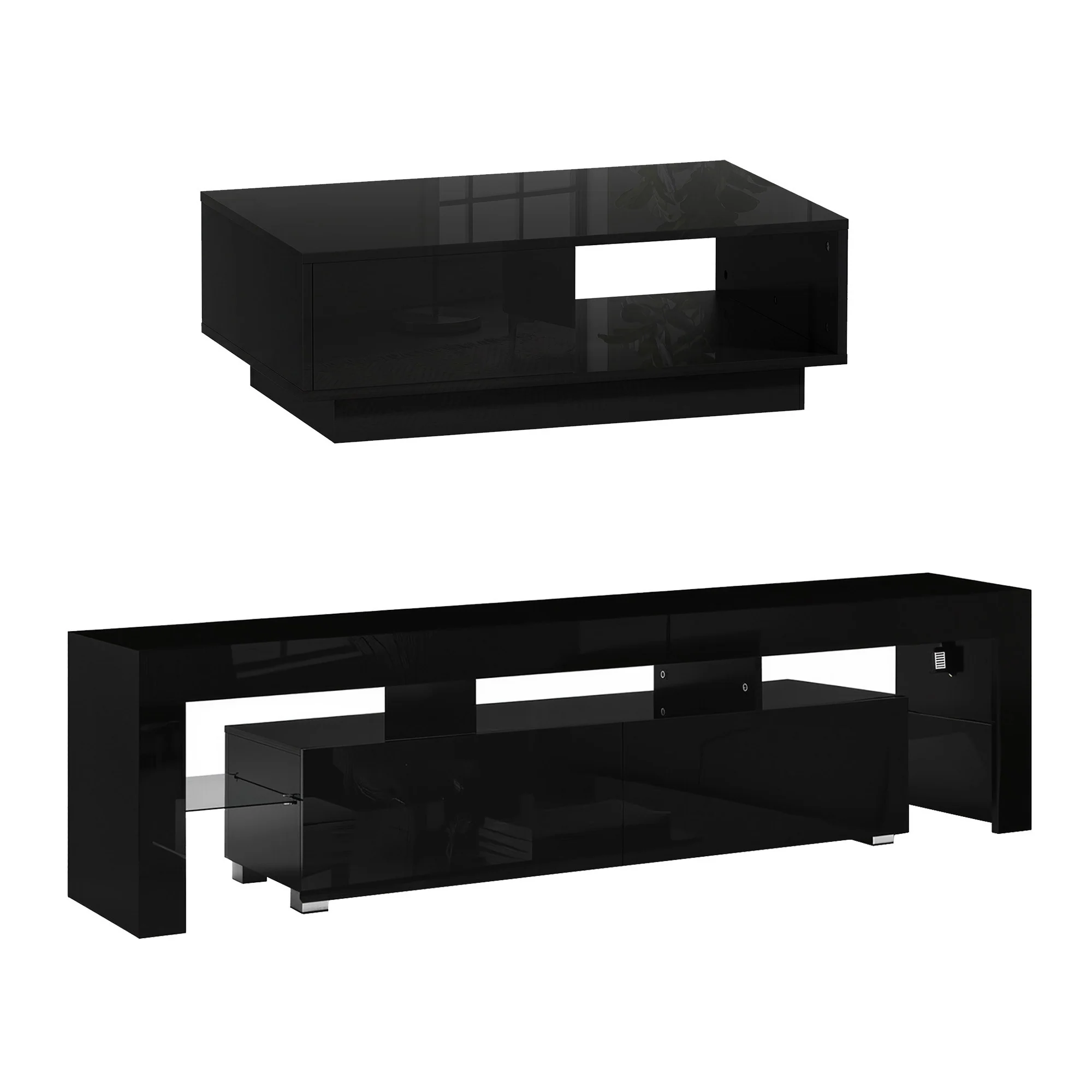 Artiss LED TV Unit & Coffee Table Set Storage Cabinet Black - Image 2