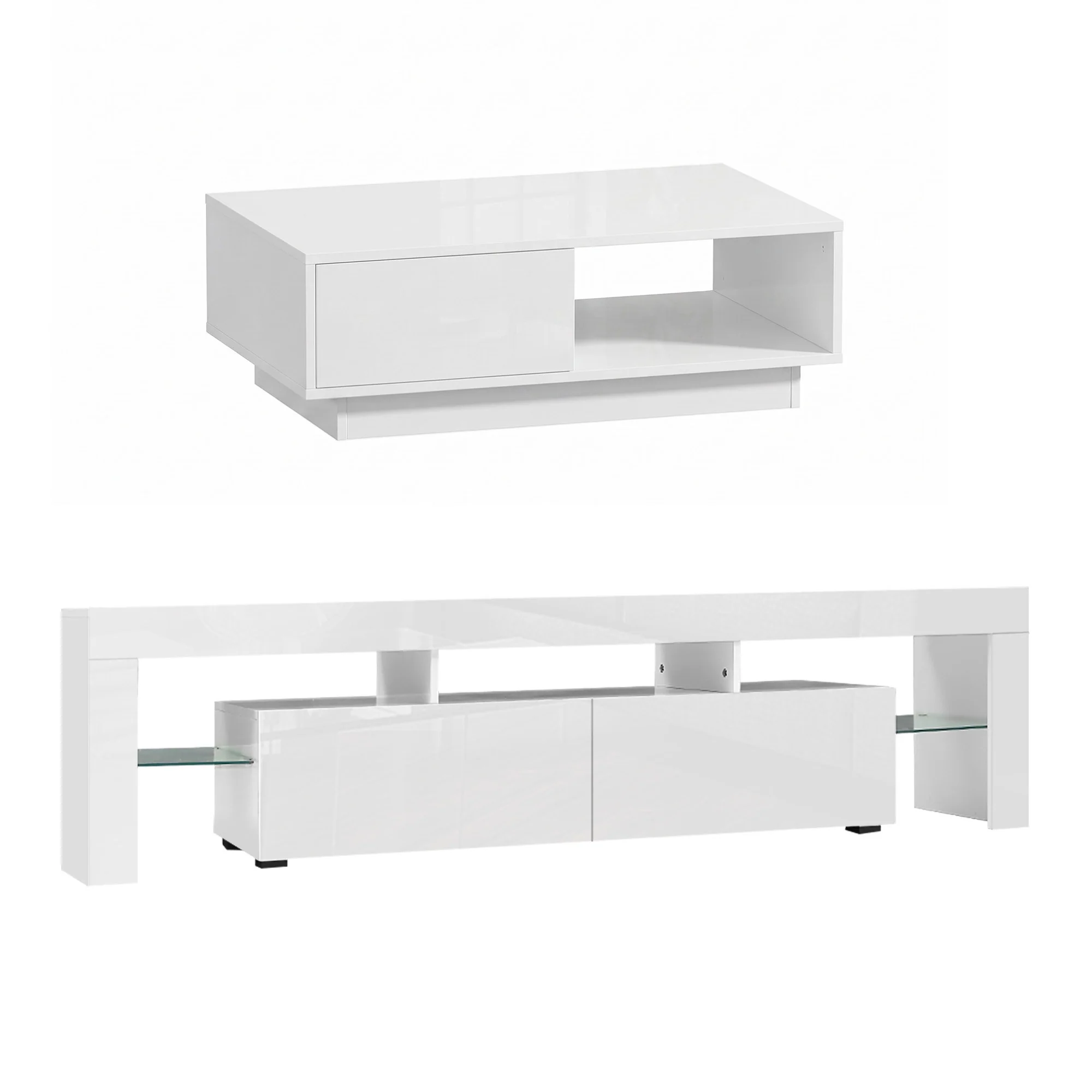 Artiss LED TV Unit & Coffee Table Set Storage Cabinet White - Image 2