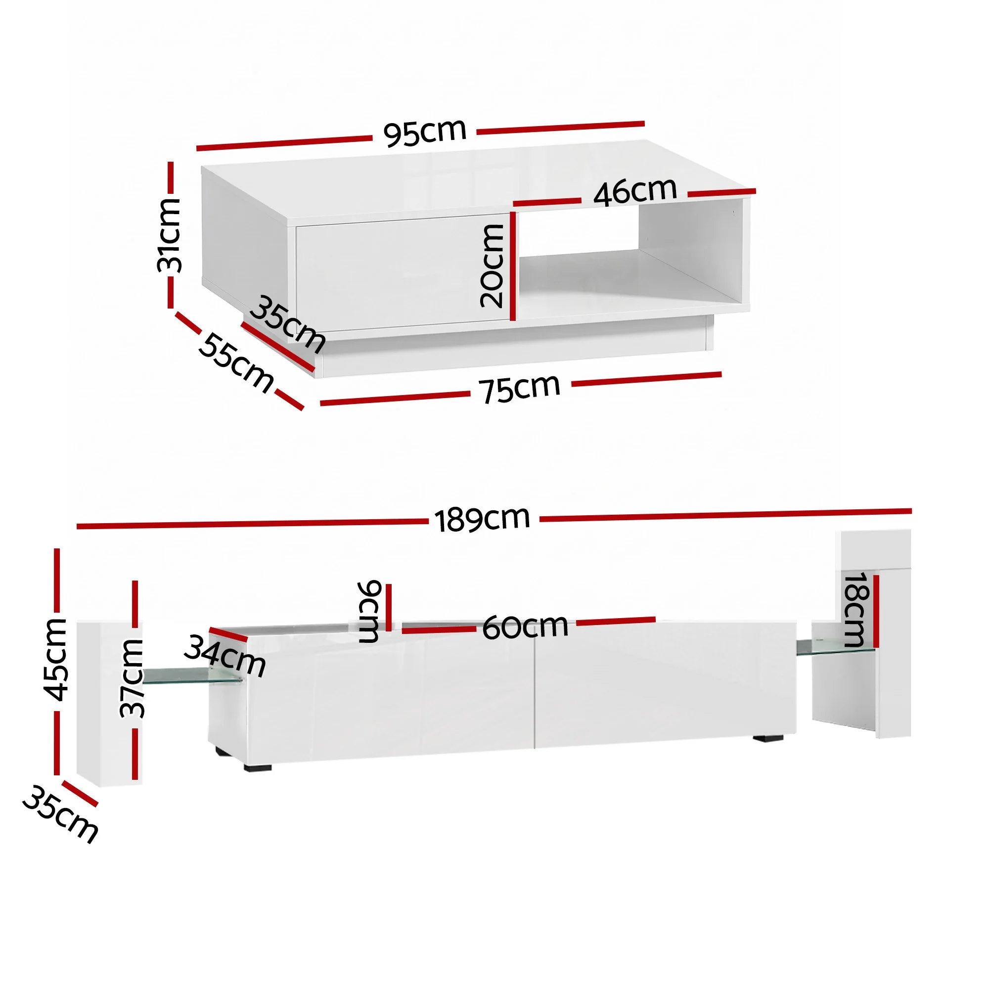 Artiss LED TV Unit & Coffee Table Set Storage Cabinet White - Image 3