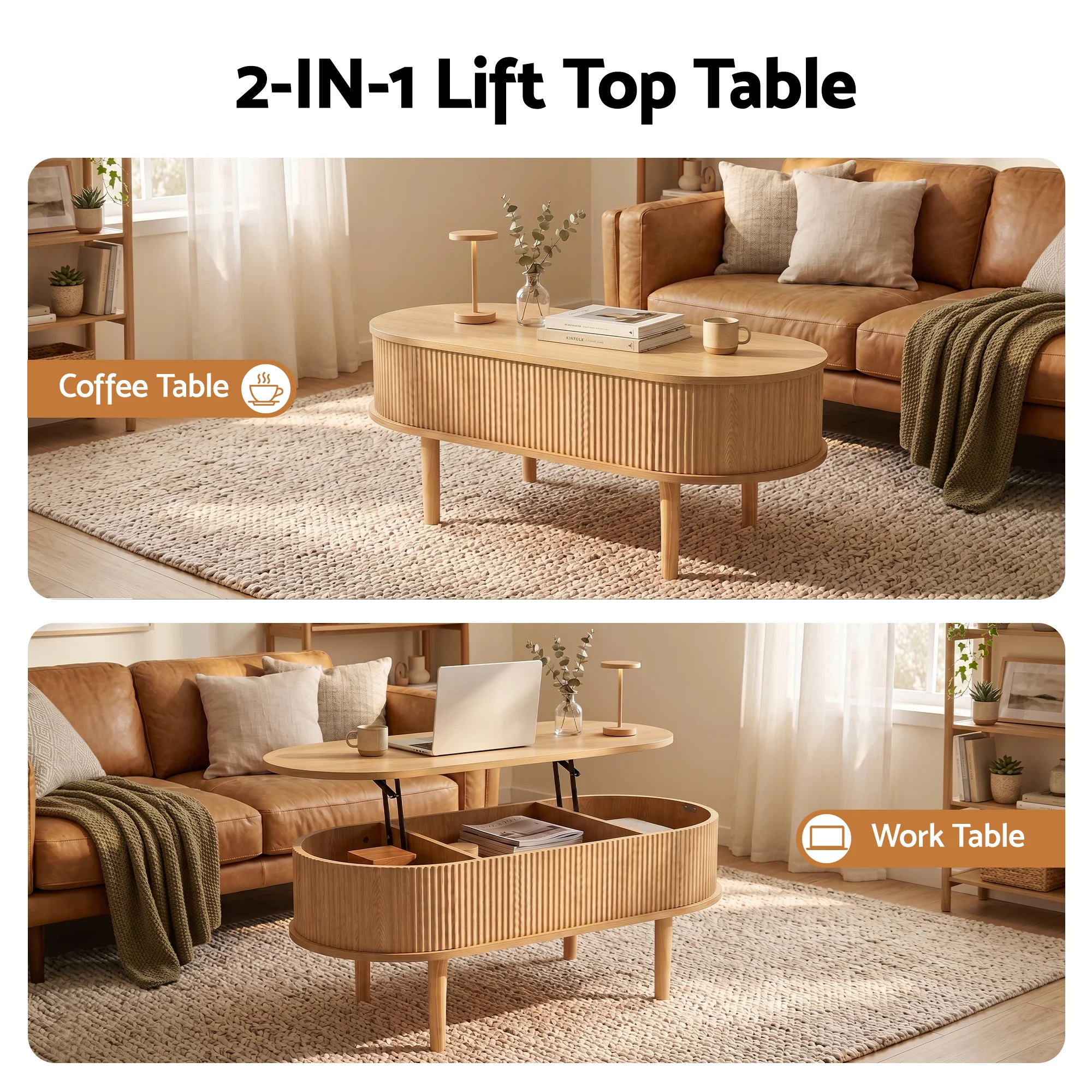Artiss Lift Top Coffee Table Fluted Oval 100cm - Image 6