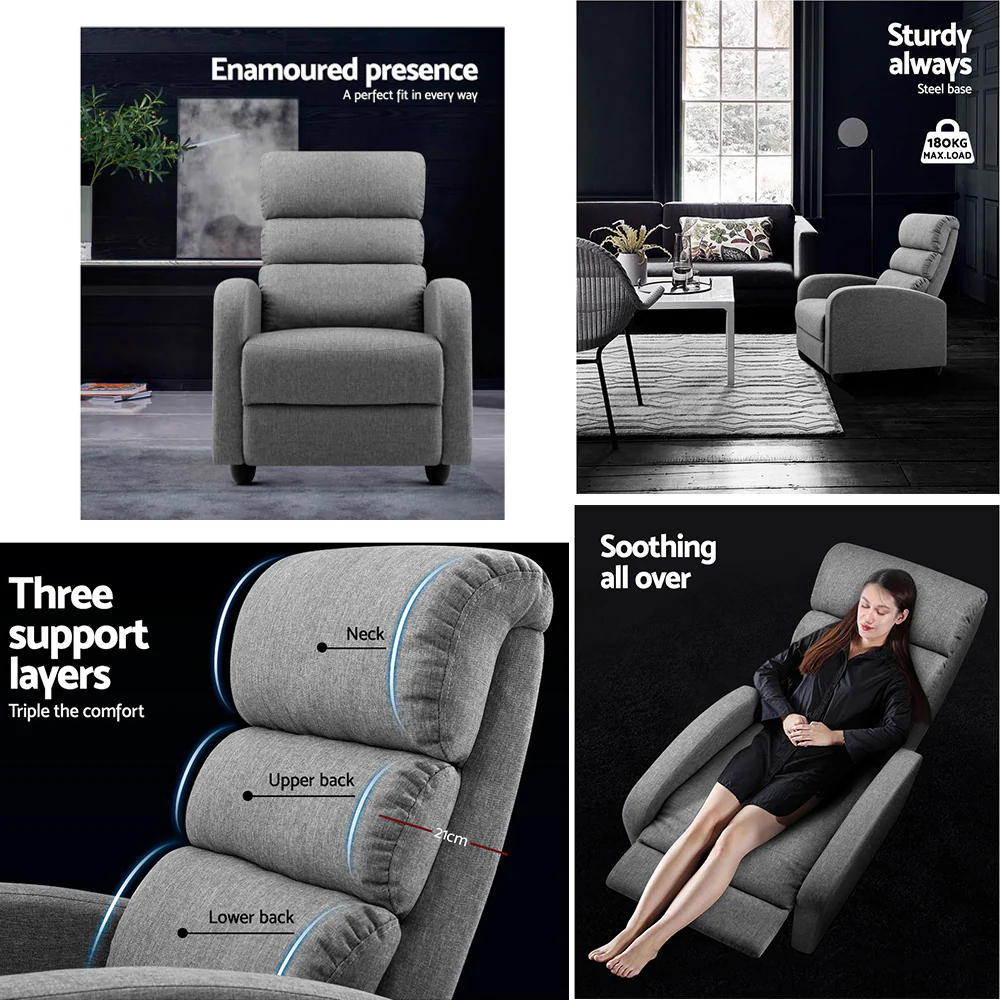 Artiss Recliner Armchair Grey Fabric Bolivia - Image 4