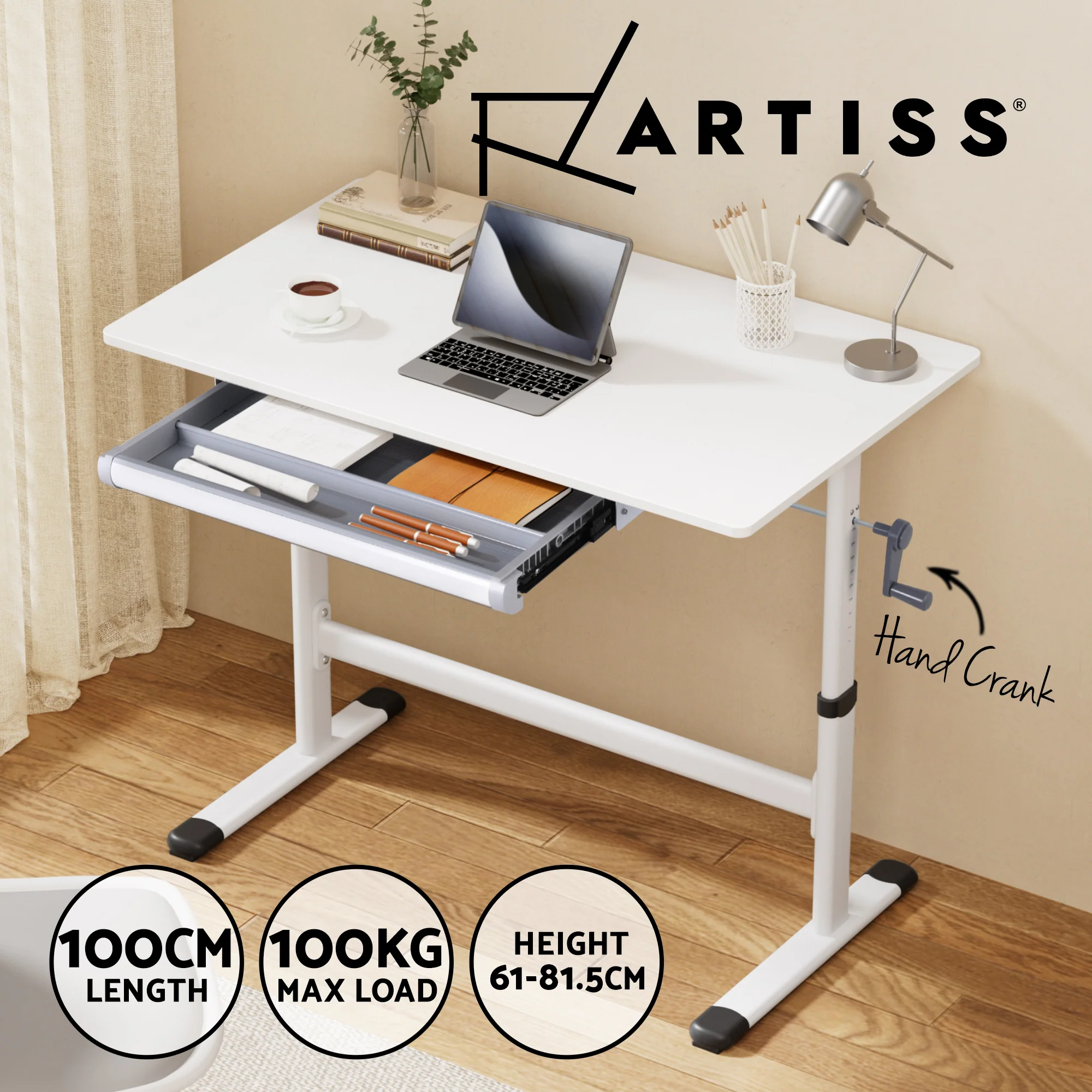 Artiss Manual Standing Desk Height Adjustable Workstation Computer Desks Study 100CM White - Image 11