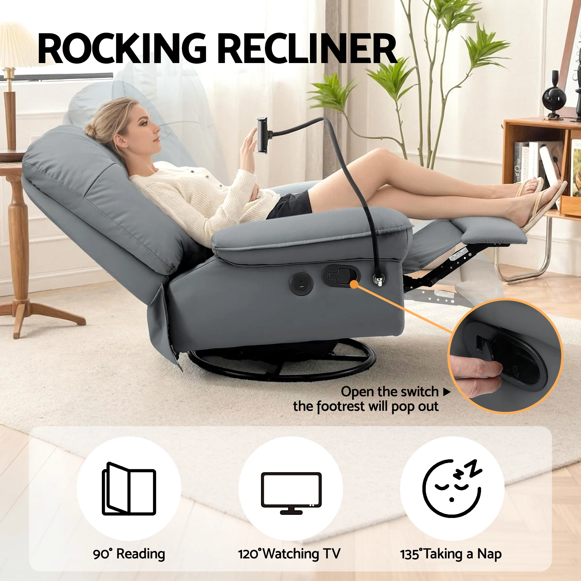 Artiss Manual Swivel Rocker Recliner with USB Ports Rocking Chair Nursery Sofa Lounge - Image 5