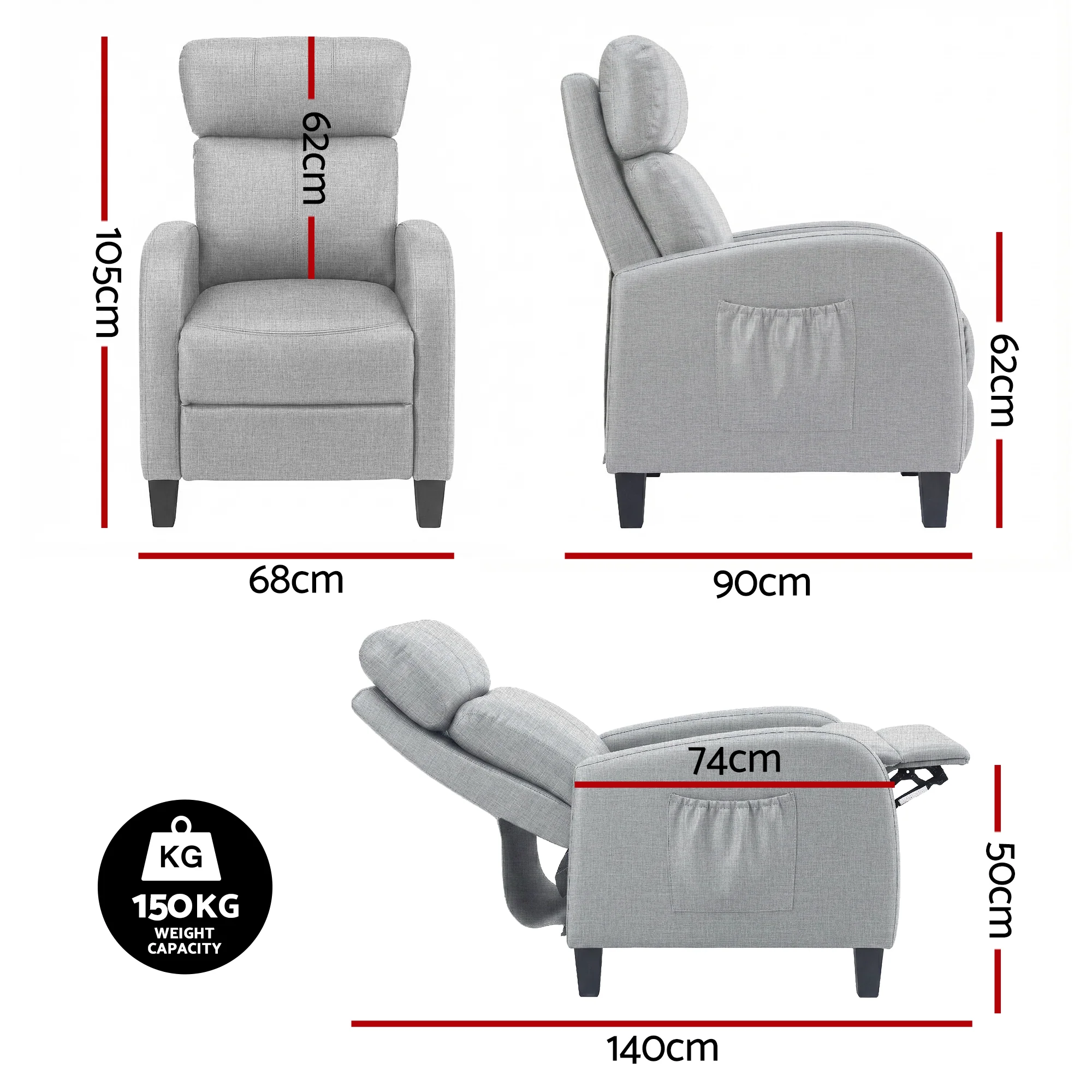 Artiss Massage Recliner Chair Small Recliner Sofa for Adults Fabric Grey - Image 3