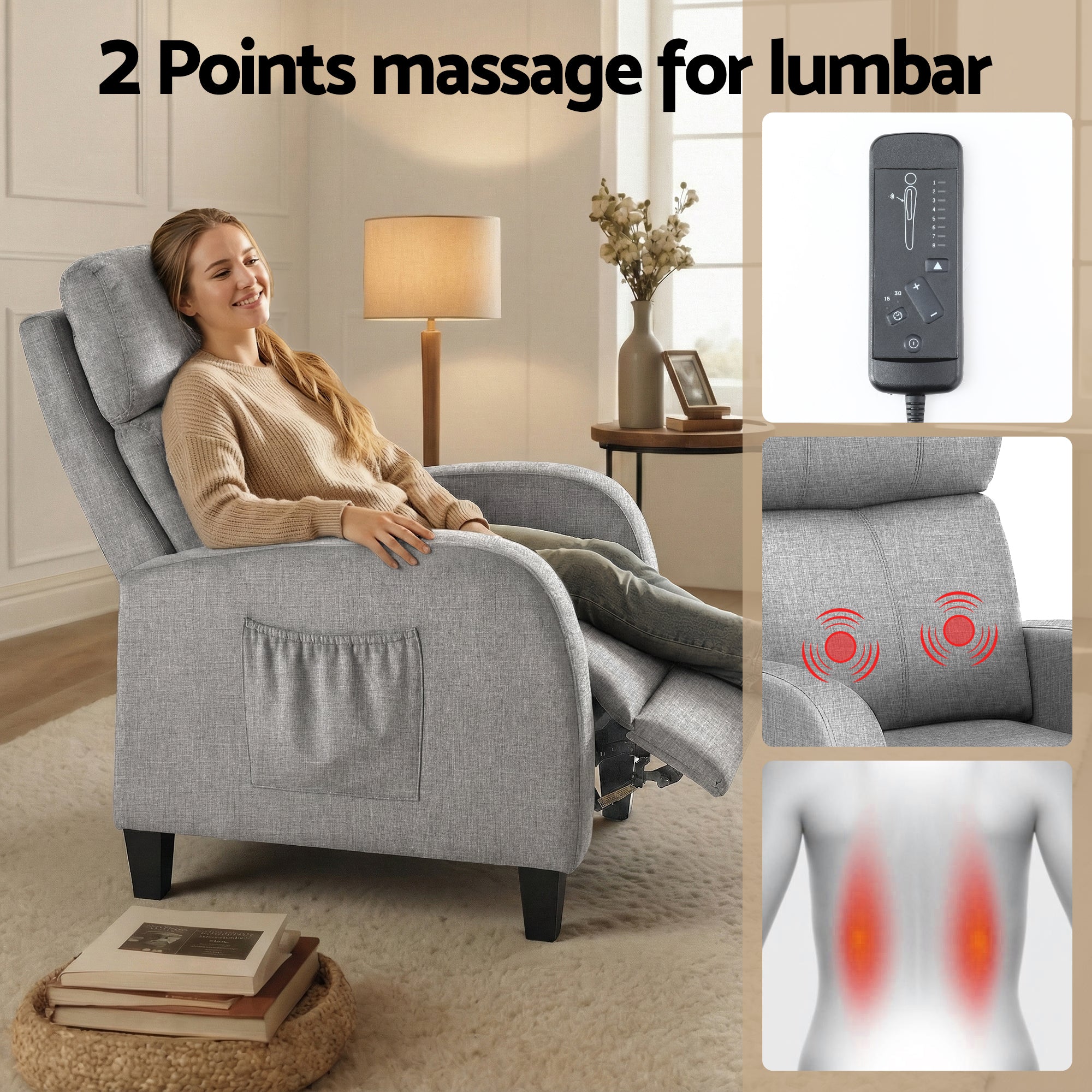 Artiss Massage Recliner Chair Small Recliner Sofa for Adults Fabric Grey - Image 7