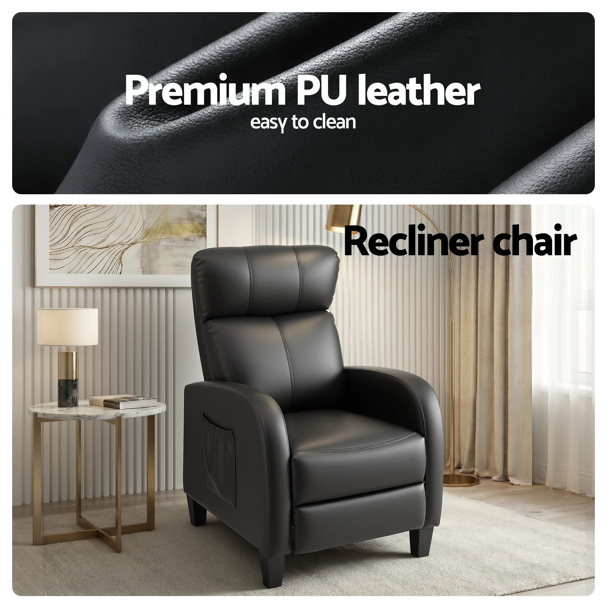 Artiss Massage Recliner Chair Small Recliner Sofa for Adults PU Leather Black - Image 6