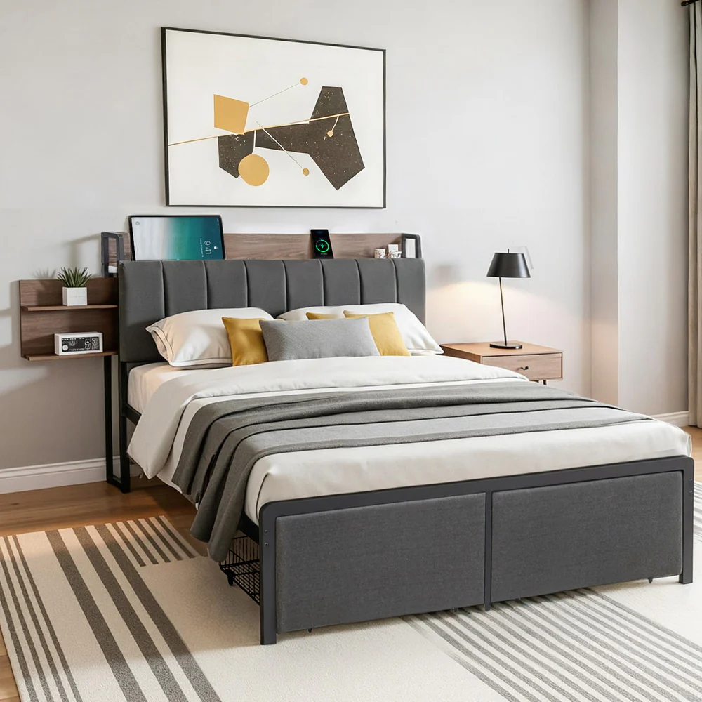 Artiss Metal Bed Frame Double Size with 2-Tier Hidden Storage with Charging Station