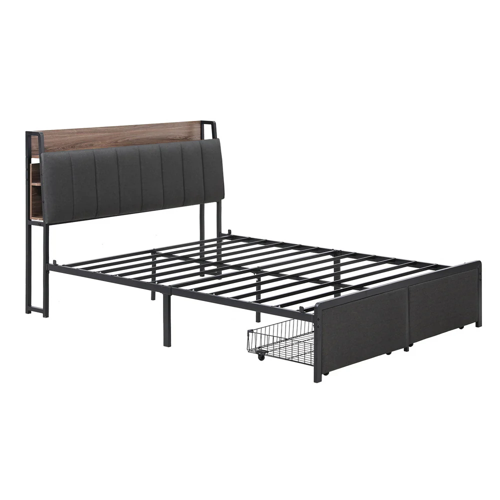 Artiss Metal Bed Frame Double Size with 2-Tier Hidden Storage with Charging Station - Image 2