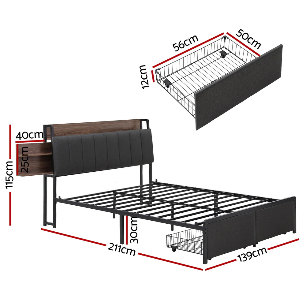 Artiss Metal Bed Frame Double Size with 2-Tier Hidden Storage with Charging Station - Image 3