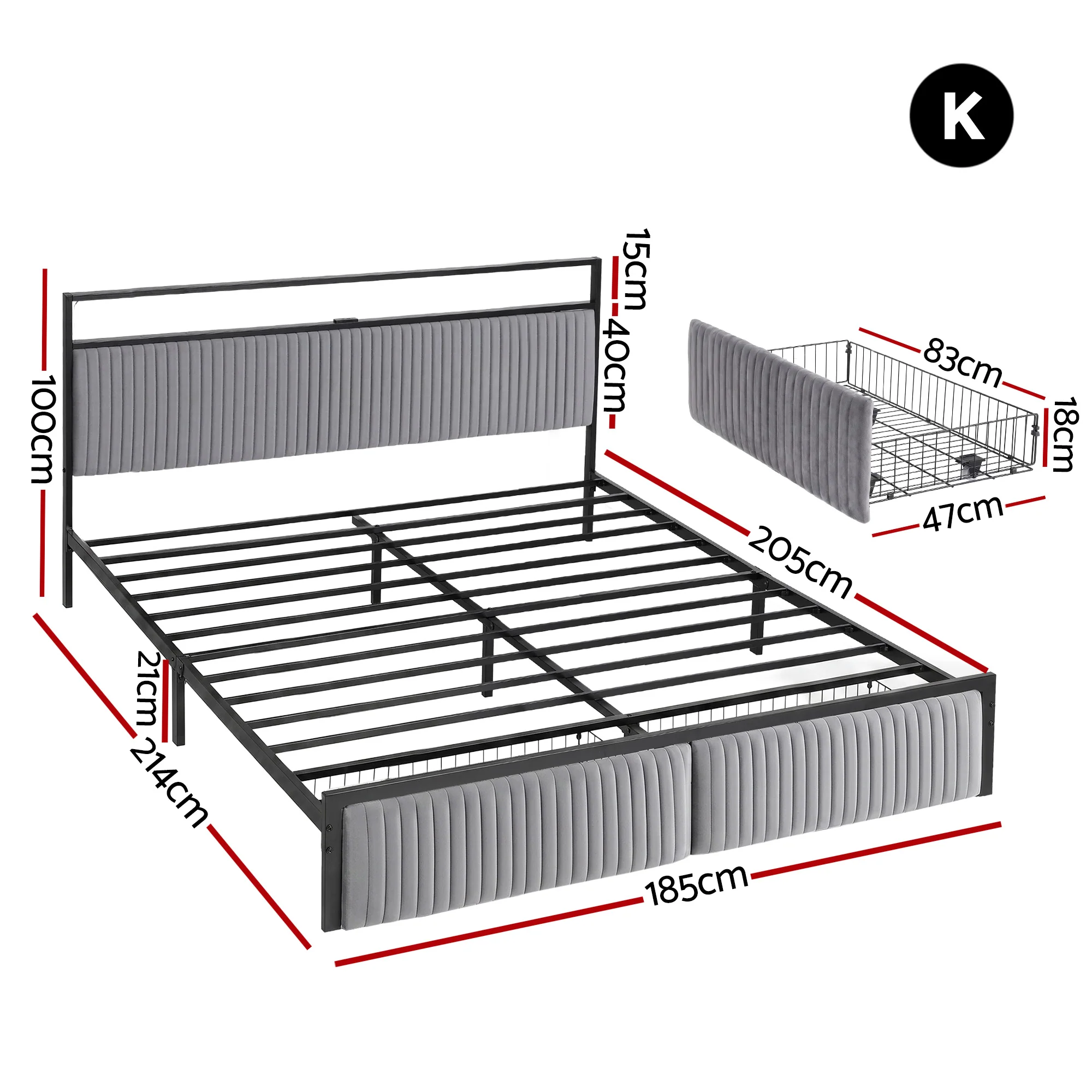 Artiss Metal Bed Frame King Size LED Charging Station 2 Drawers - Image 2