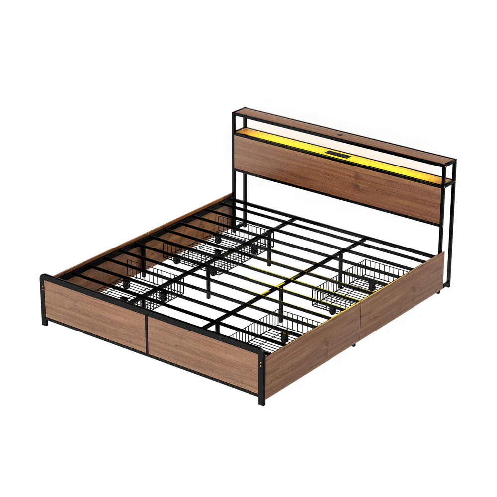 Artiss Metal Bed Frame King Size LED Storage Headboard USB Charge 4 Drawers - Image 2