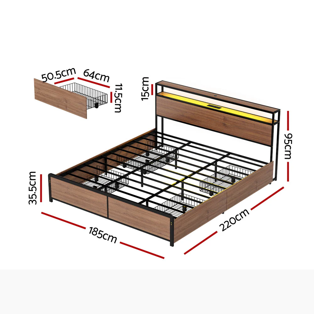 Artiss Metal Bed Frame King Size LED Storage Headboard USB Charge 4 Drawers - Image 3