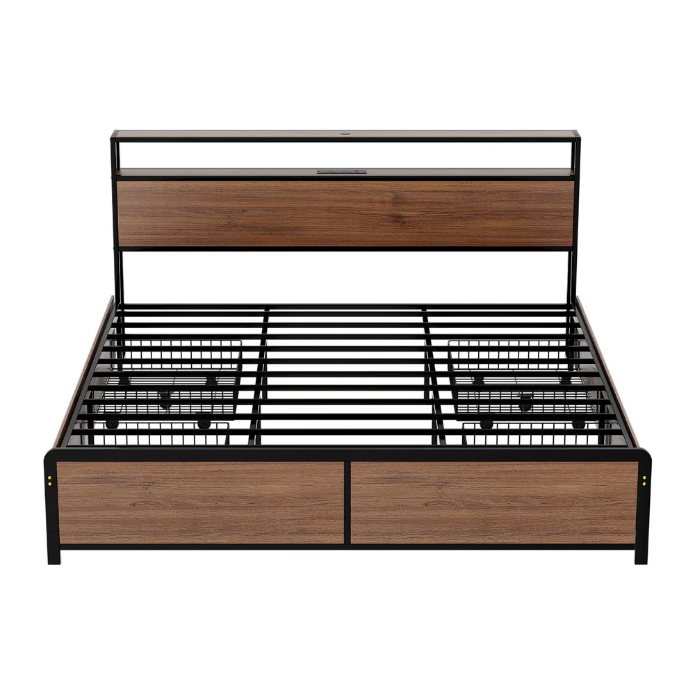Artiss Metal Bed Frame King Size LED Storage Headboard USB Charge 4 Drawers - Image 4