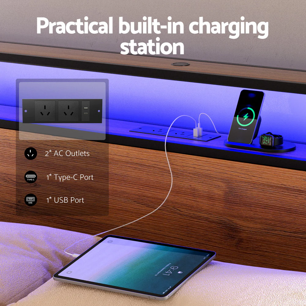 Artiss Metal Bed Frame King Size LED Storage Headboard USB Charge 4 Drawers - Image 5